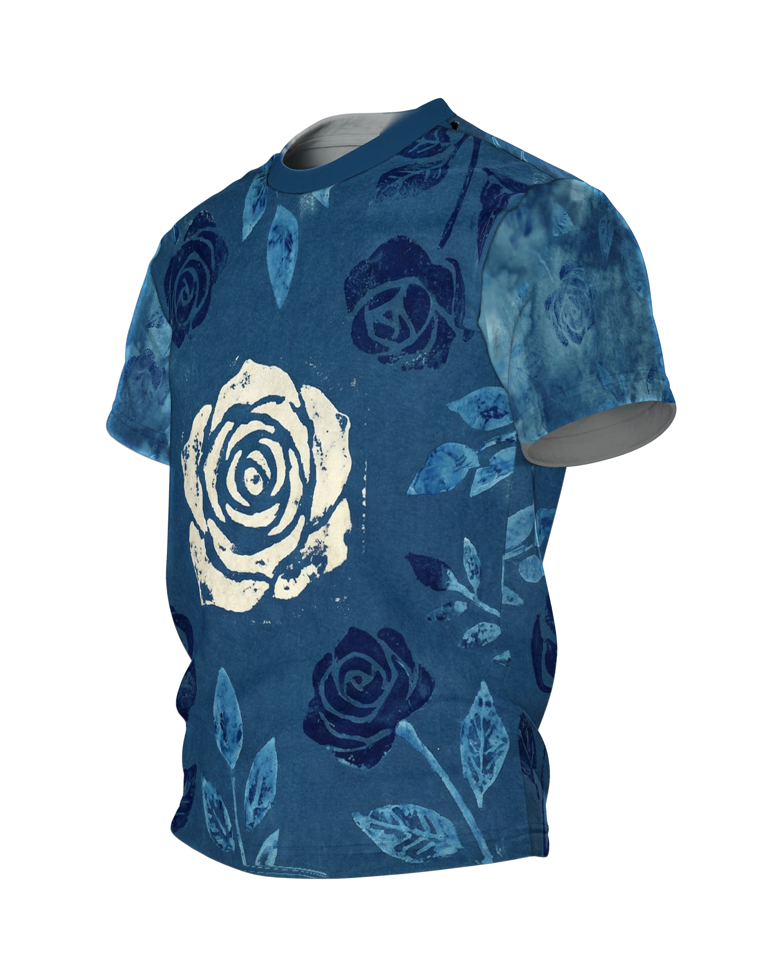 Indigo Wallpaper Tile T-Shirt, Rosen im Handblockdruck-Stil auf Jeansblau, Seitenansicht rechts