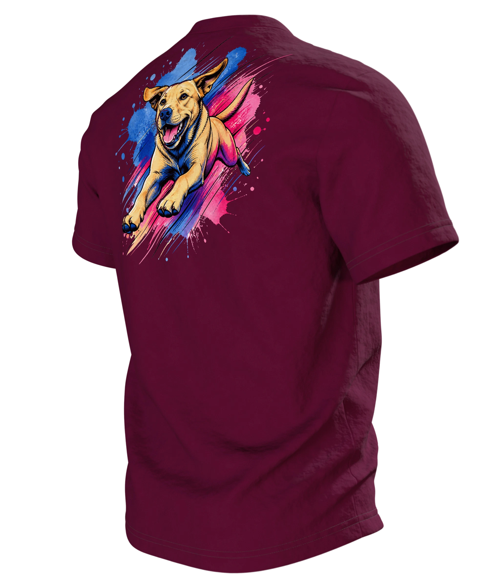 Labrador T-Shirt, springender Hund im Pop-Art-Stil mit Farbklecks-Landung, Rückseite schräg links