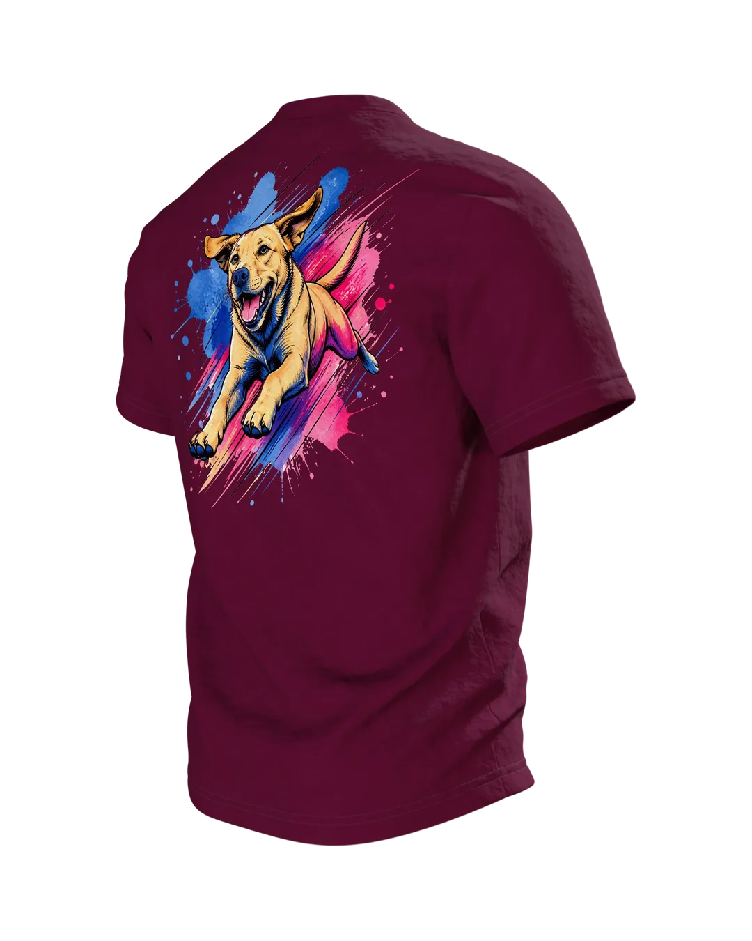 Labrador T-Shirt, springender Hund im Pop-Art-Stil mit Farbklecks-Landung, Rückseite schräg links