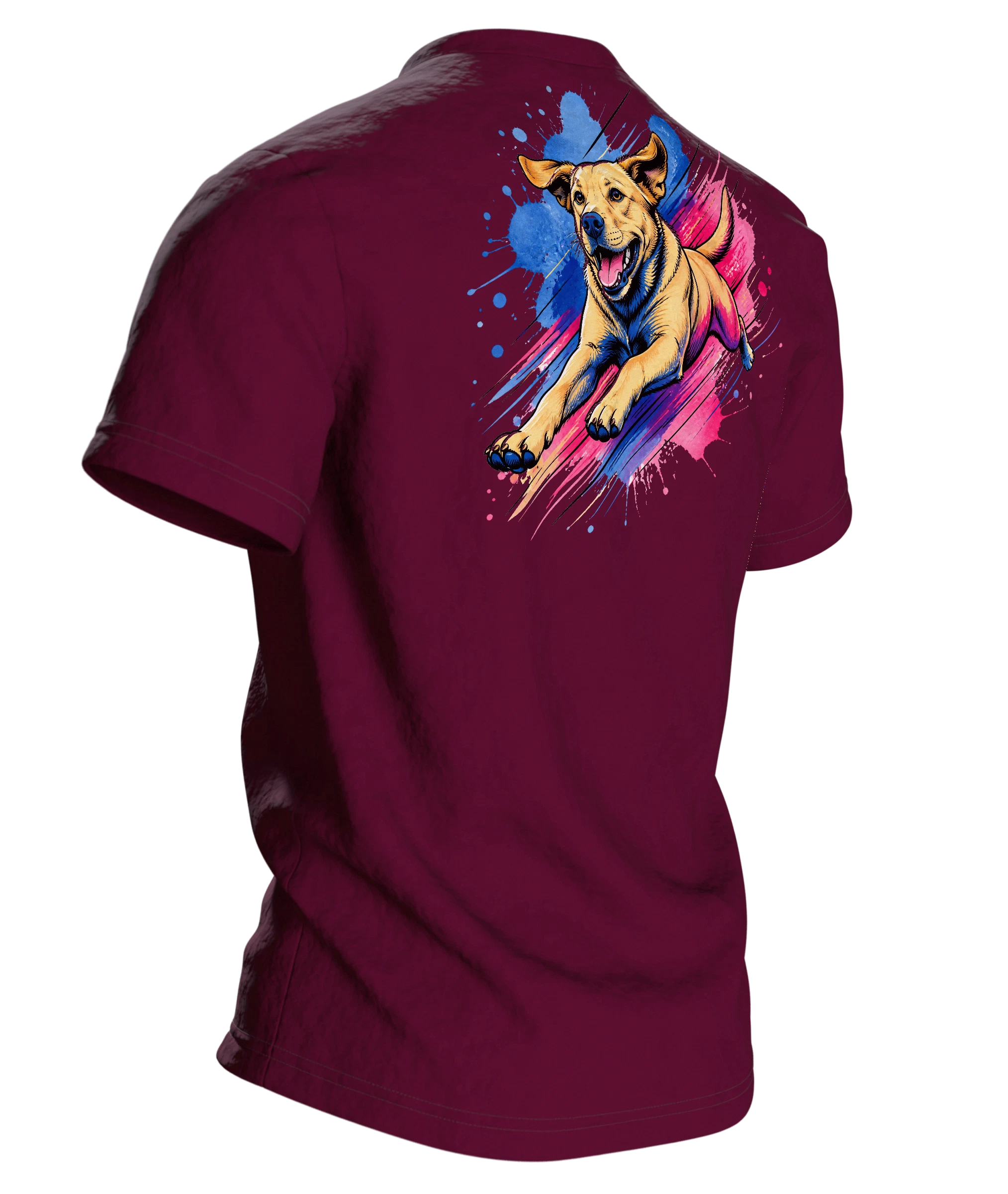 Labrador T-Shirt, springender Hund im Pop-Art-Stil mit Farbklecks-Landung, Rückseite schräg rechts