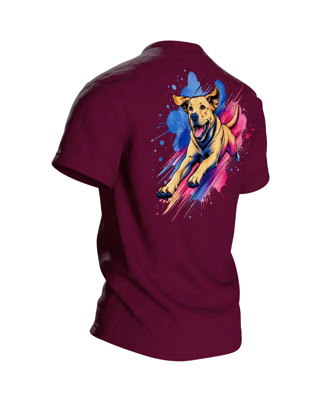 Labrador T-Shirt, springender Hund im Pop-Art-Stil mit Farbklecks-Landung, Rückseite schräg rechts