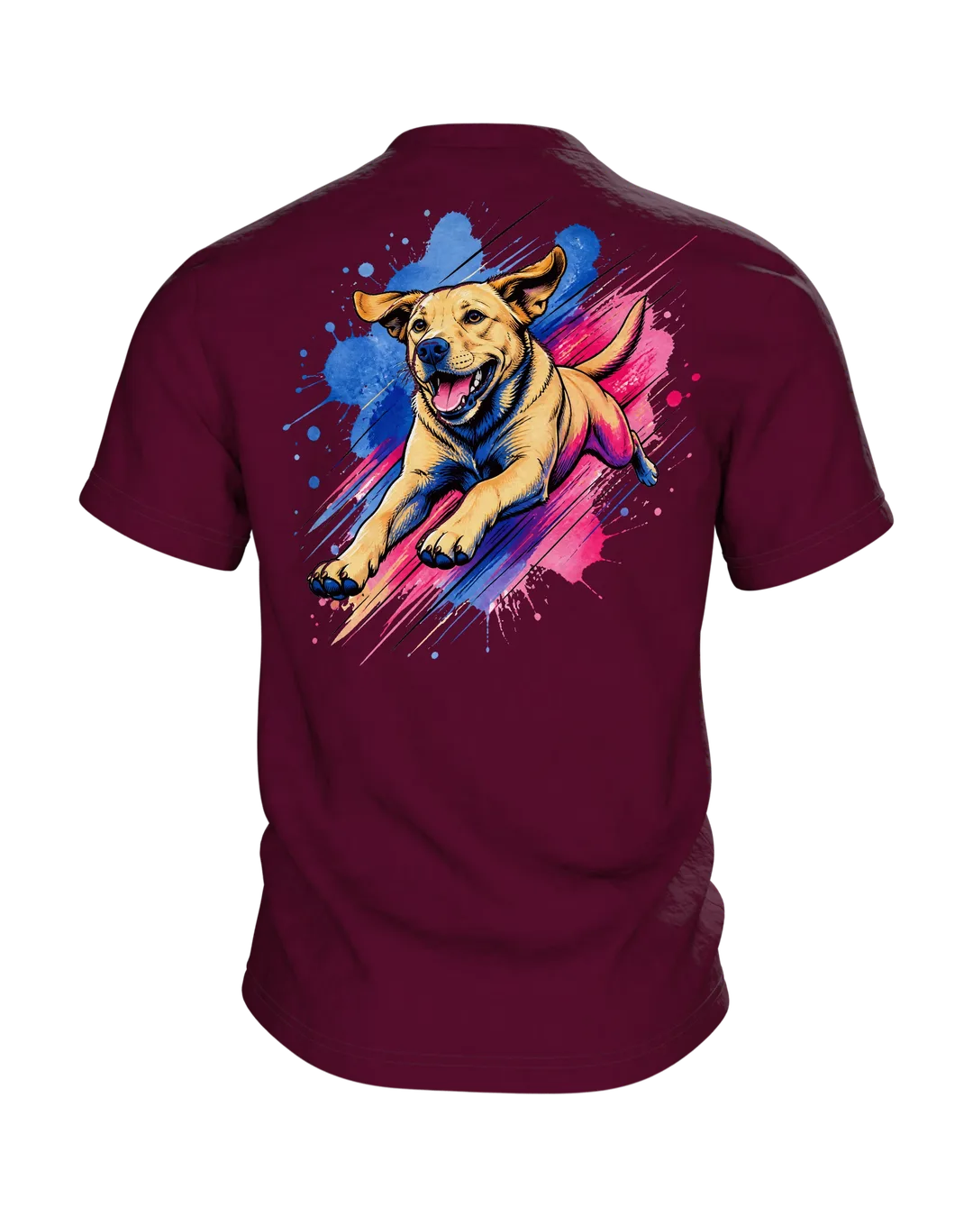 Labrador T-Shirt, springender Hund im Pop-Art-Stil mit Farbklecks-Landung, Rückseite