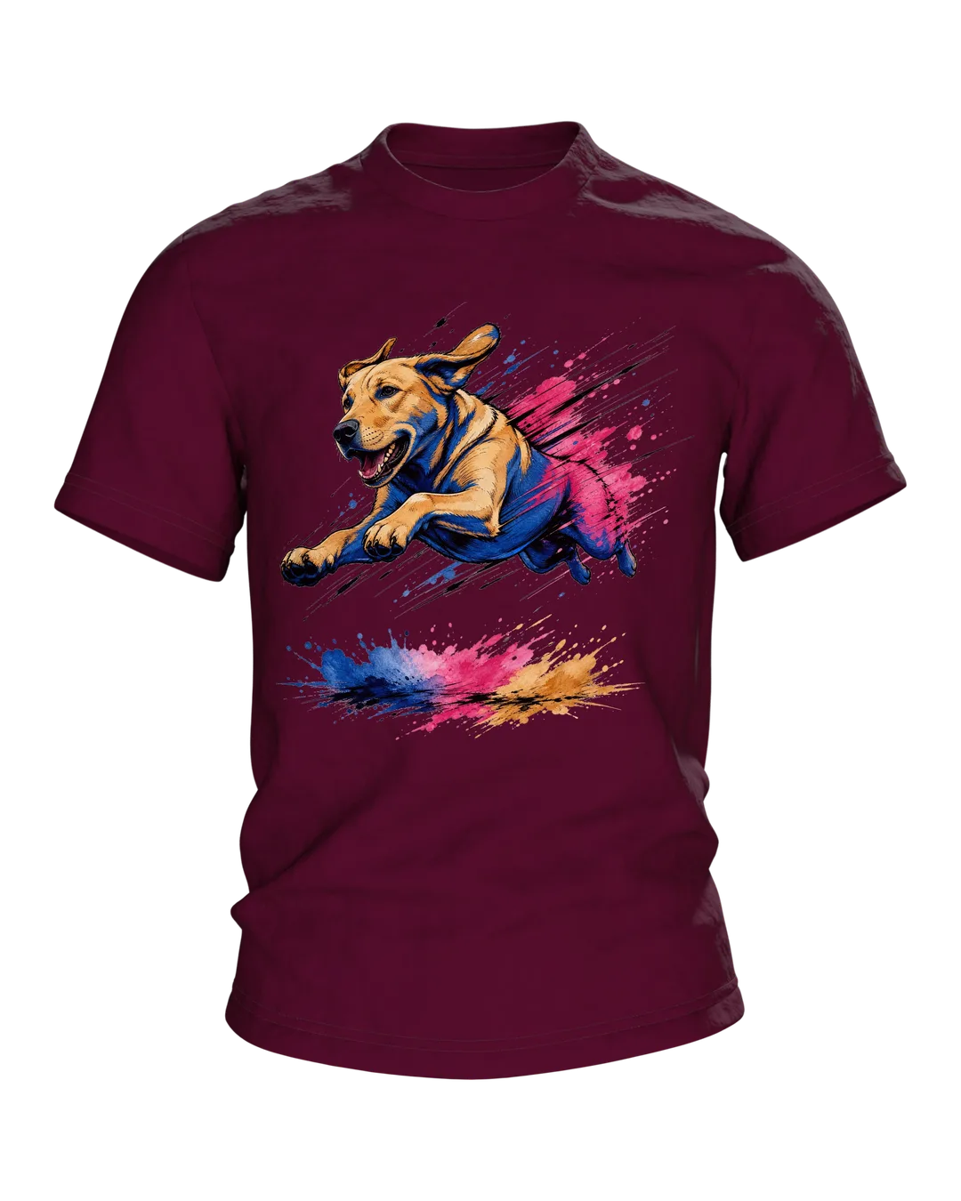 Labrador T-Shirt, springender Hund im Pop-Art-Stil mit Farbklecks-Landung