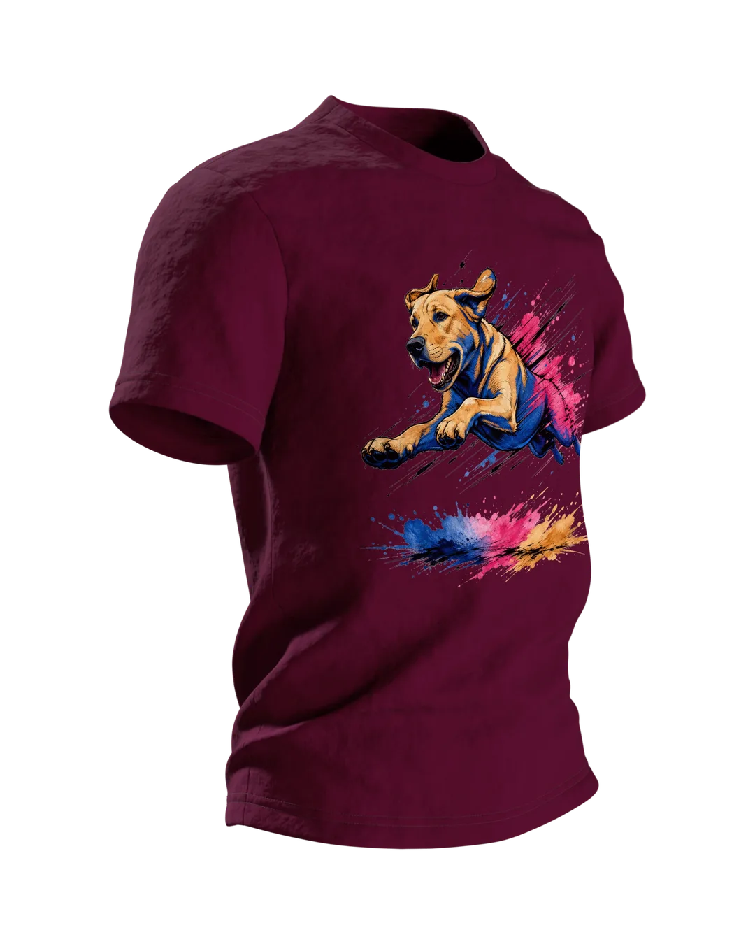 Labrador T-Shirt, springender Hund im Pop-Art-Stil mit Farbklecks-Landung, Seitenansicht links