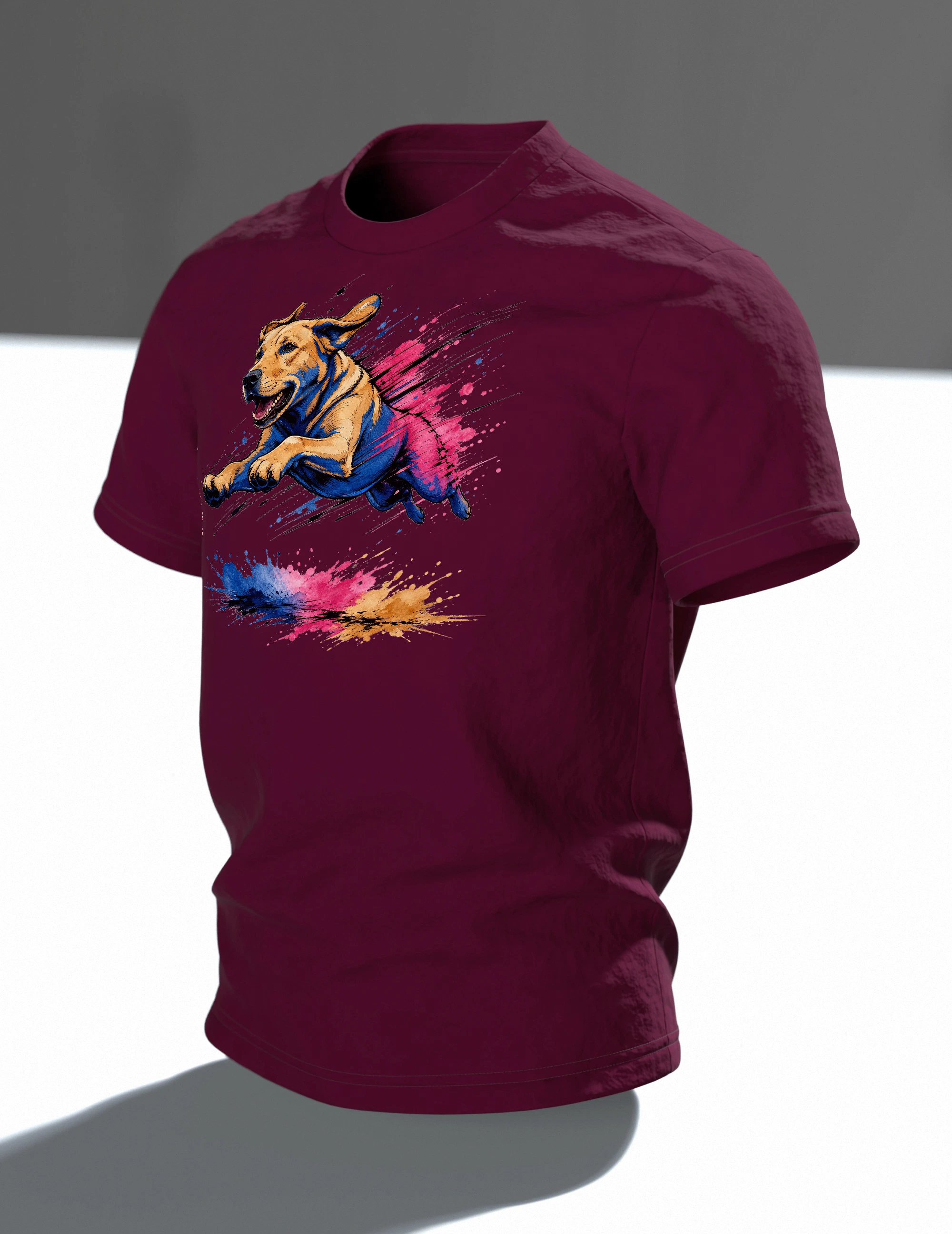 Labrador T-Shirt, springender Hund im Pop-Art-Stil mit Farbklecks-Landung, Im Raum, schräg