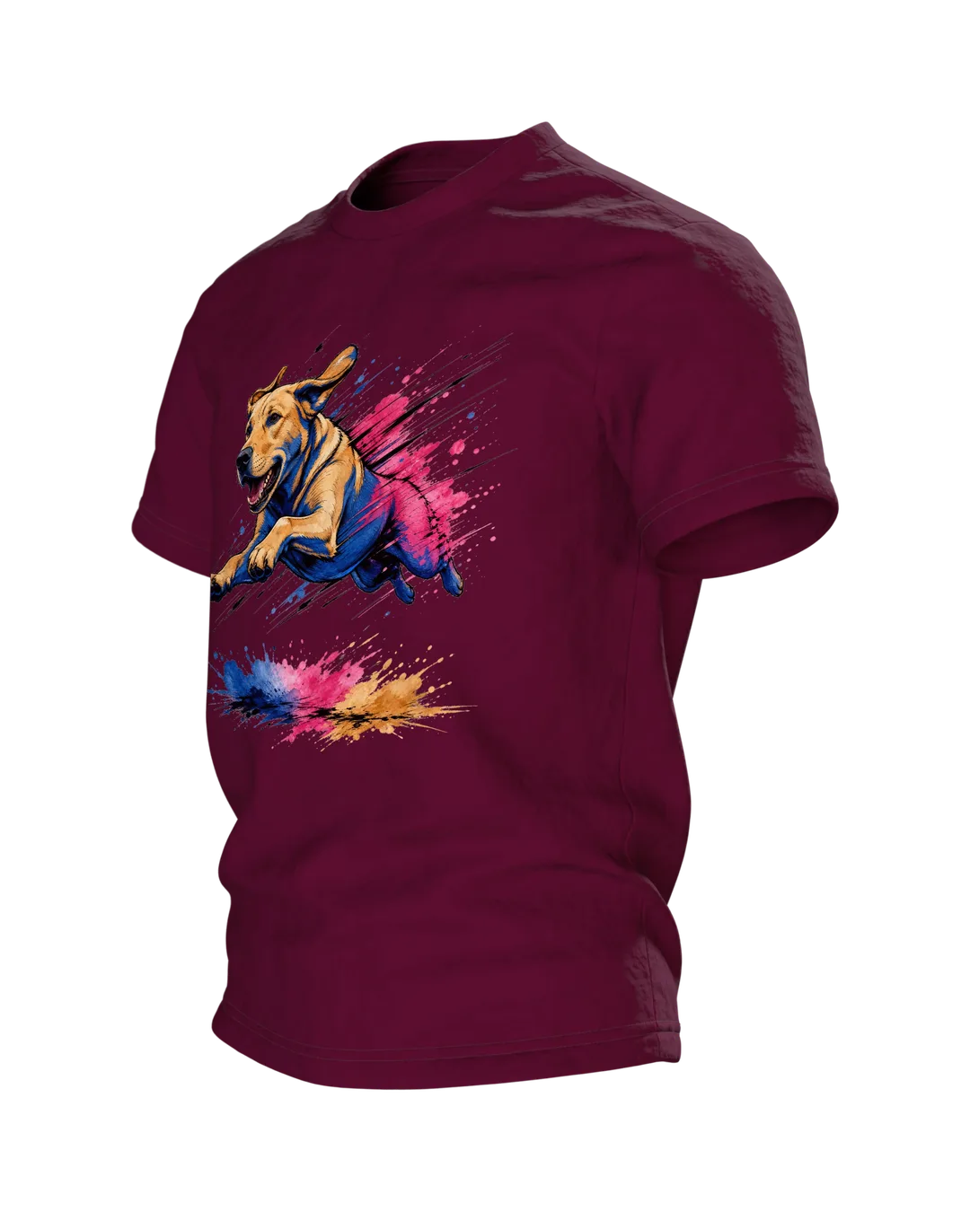 Labrador T-Shirt, springender Hund im Pop-Art-Stil mit Farbklecks-Landung, Seitenansicht rechts