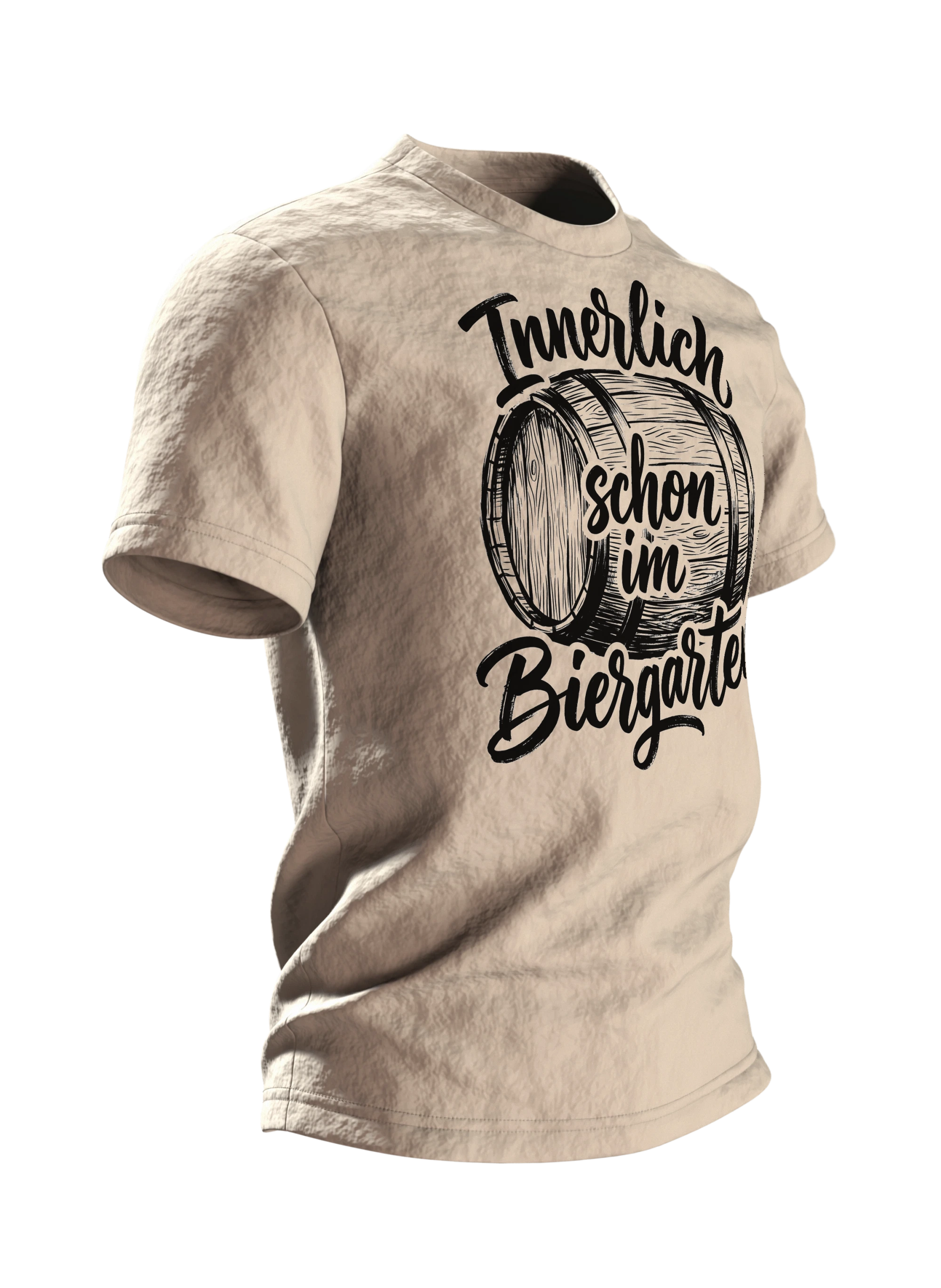 Biergarten T-Shirt "Innerlich schon im Biergarten", Holzfass mit Brush-Lettering, Seitenansicht links