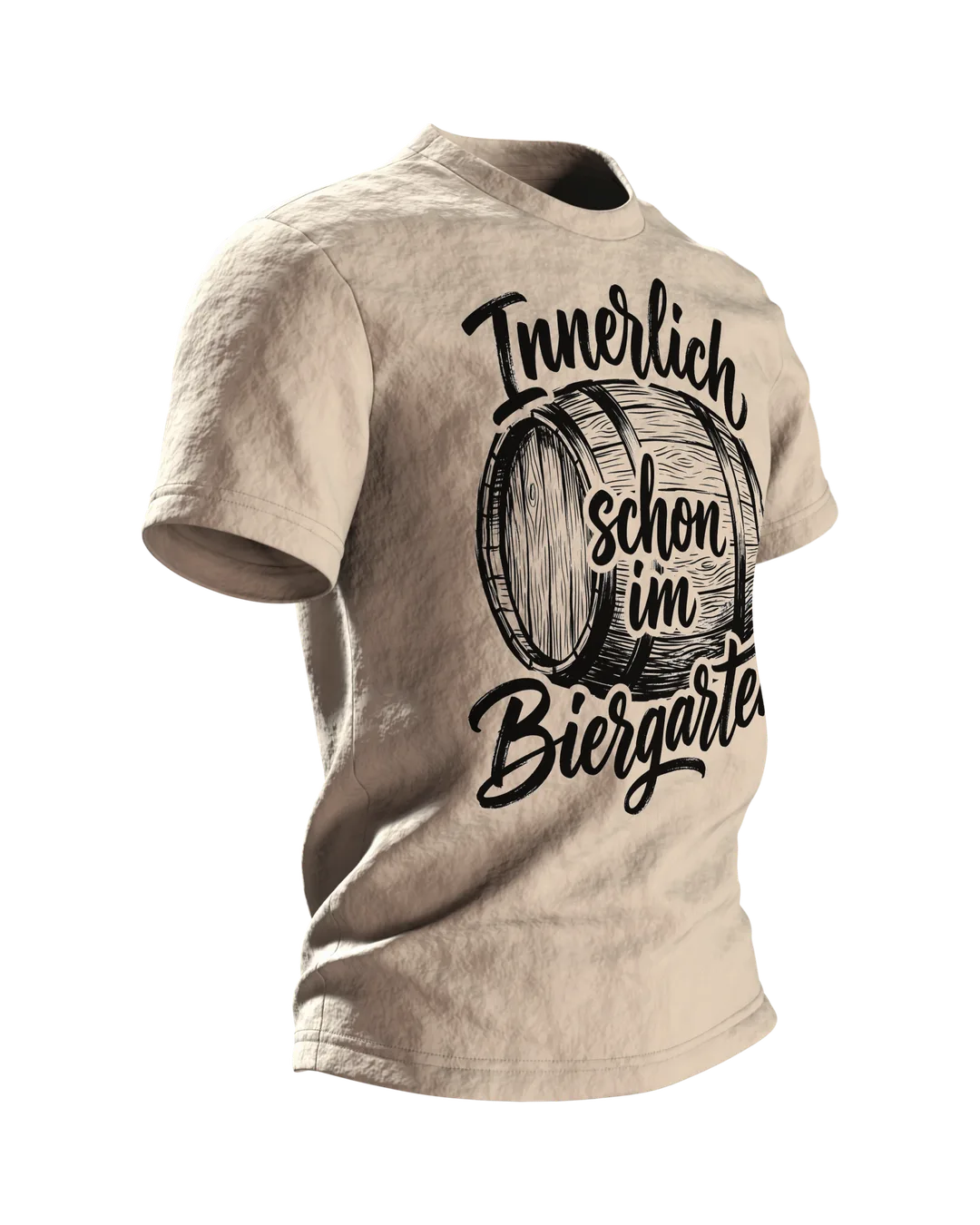 Biergarten T-Shirt "Innerlich schon im Biergarten", Holzfass mit Brush-Lettering, Seitenansicht links