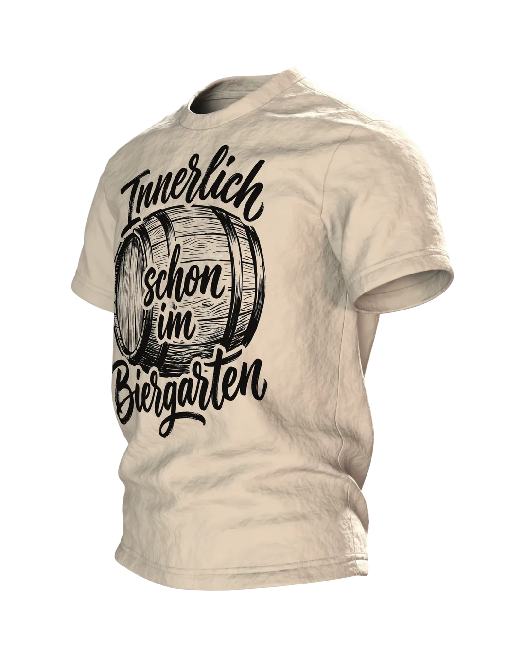 Biergarten T-Shirt "Innerlich schon im Biergarten", Holzfass mit Brush-Lettering, Seitenansicht rechts