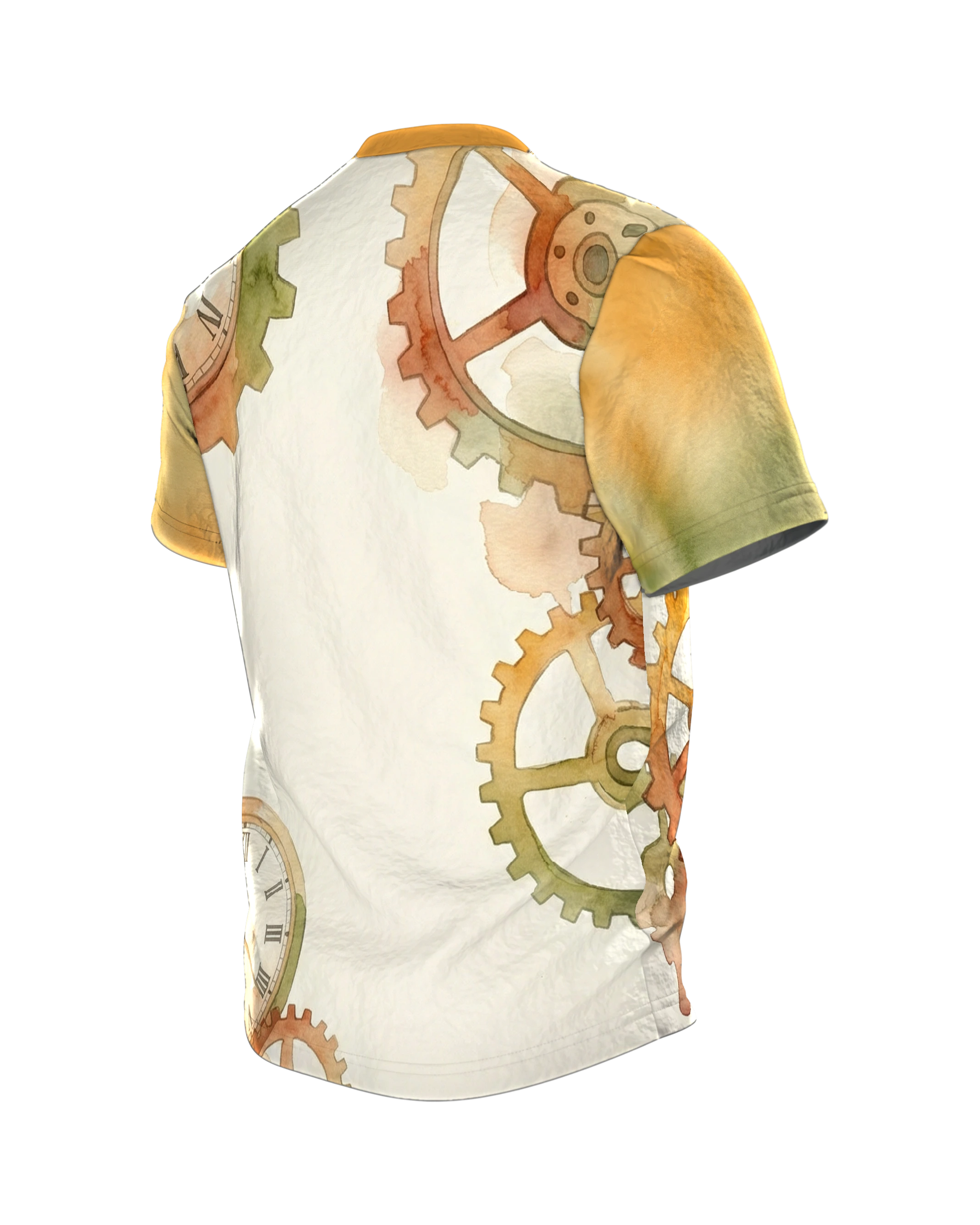 Steampunk Zahnräder T-Shirt, Aquarell-Räderwerk auf Creme, Rücken mit zwei Zifferblättern, Rückseite schräg links