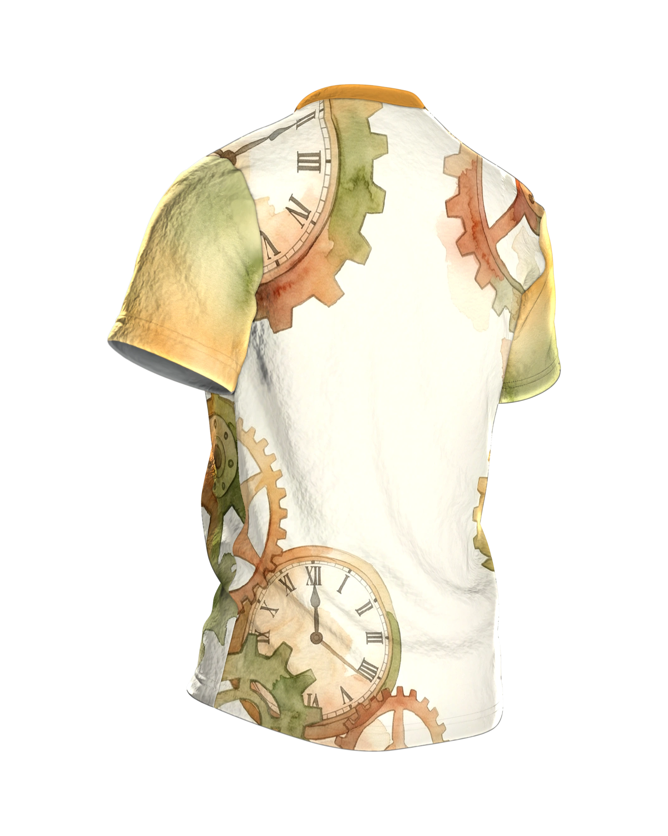 Steampunk Zahnräder T-Shirt, Aquarell-Räderwerk auf Creme, Rücken mit zwei Zifferblättern, Rückseite schräg rechts
