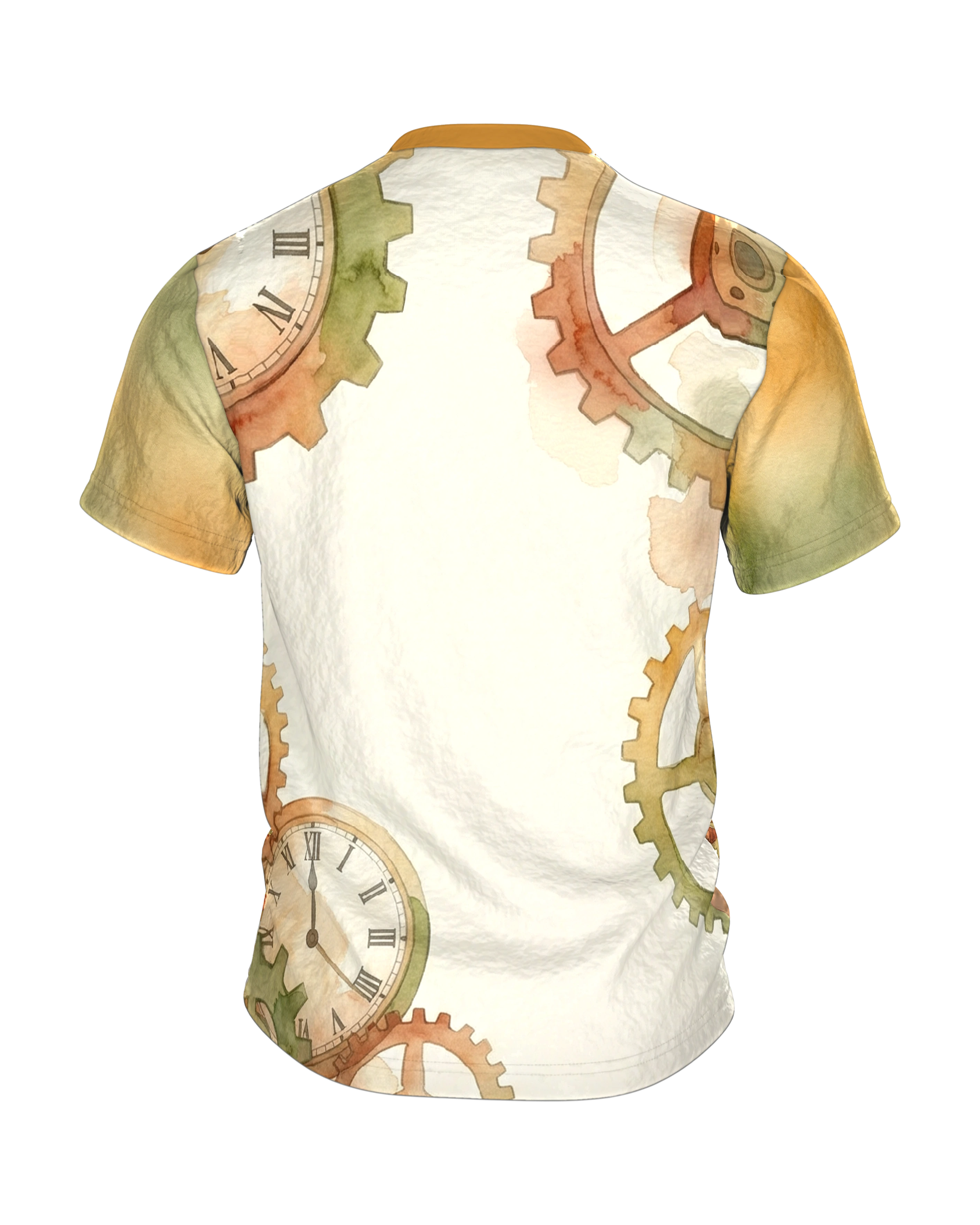 Steampunk Zahnräder T-Shirt, Aquarell-Räderwerk auf Creme, Rücken mit zwei Zifferblättern, Rückseite