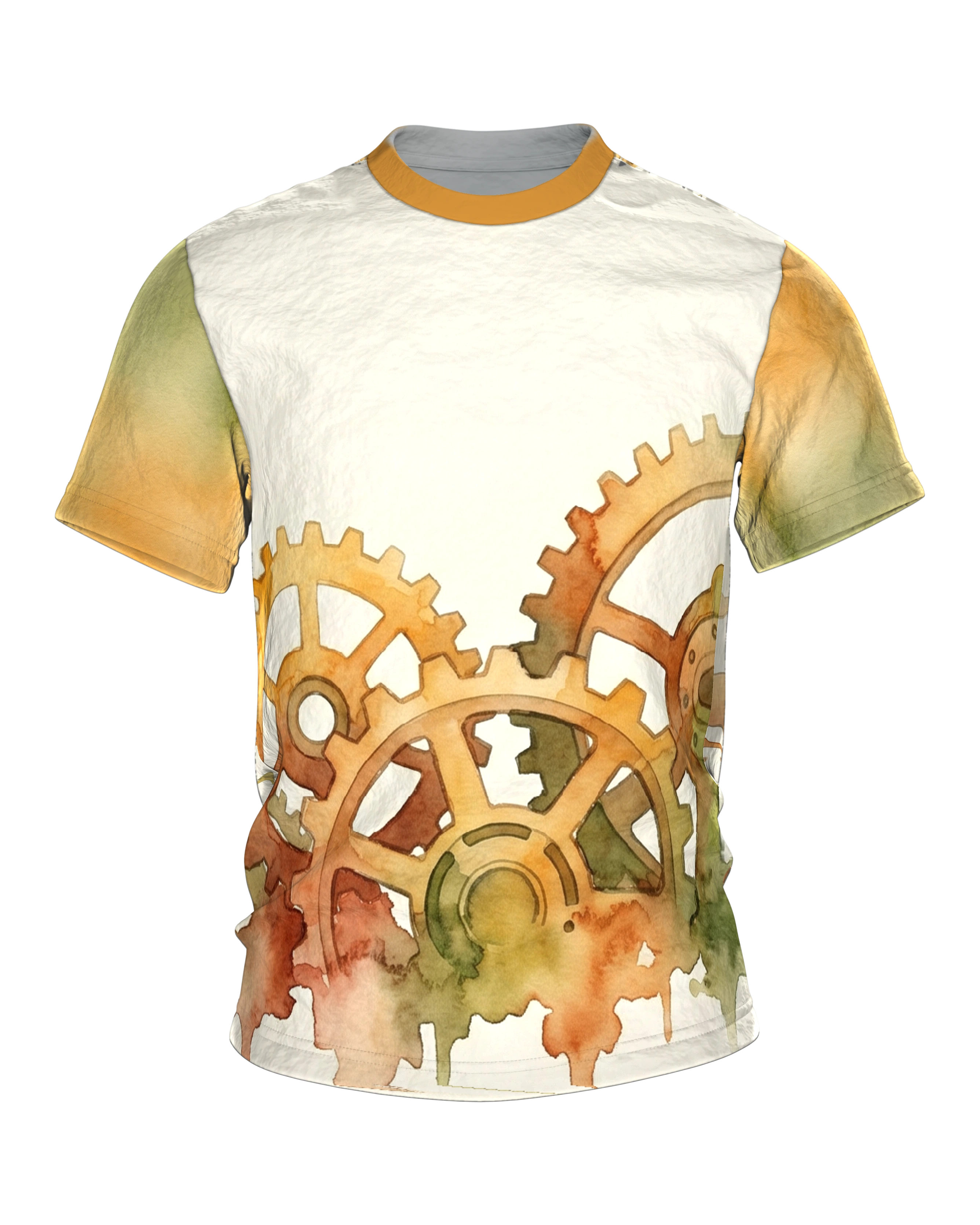 Steampunk Zahnräder T-Shirt, Aquarell-Räderwerk auf Creme, Rücken mit zwei Zifferblättern