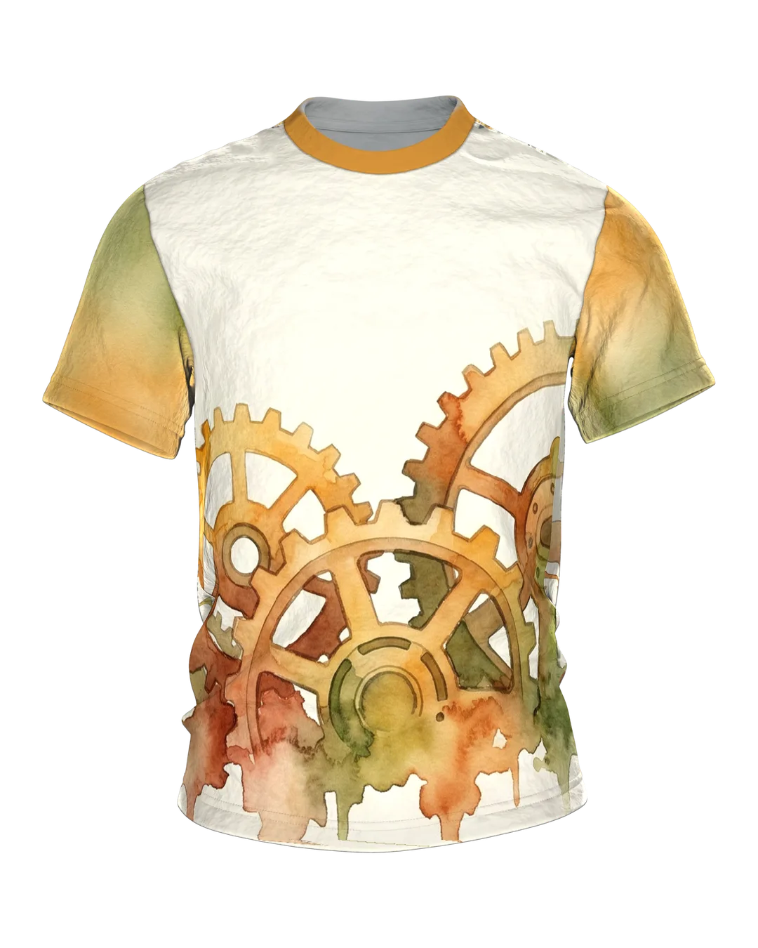 Steampunk Zahnräder T-Shirt, Aquarell-Räderwerk auf Creme, Rücken mit zwei Zifferblättern