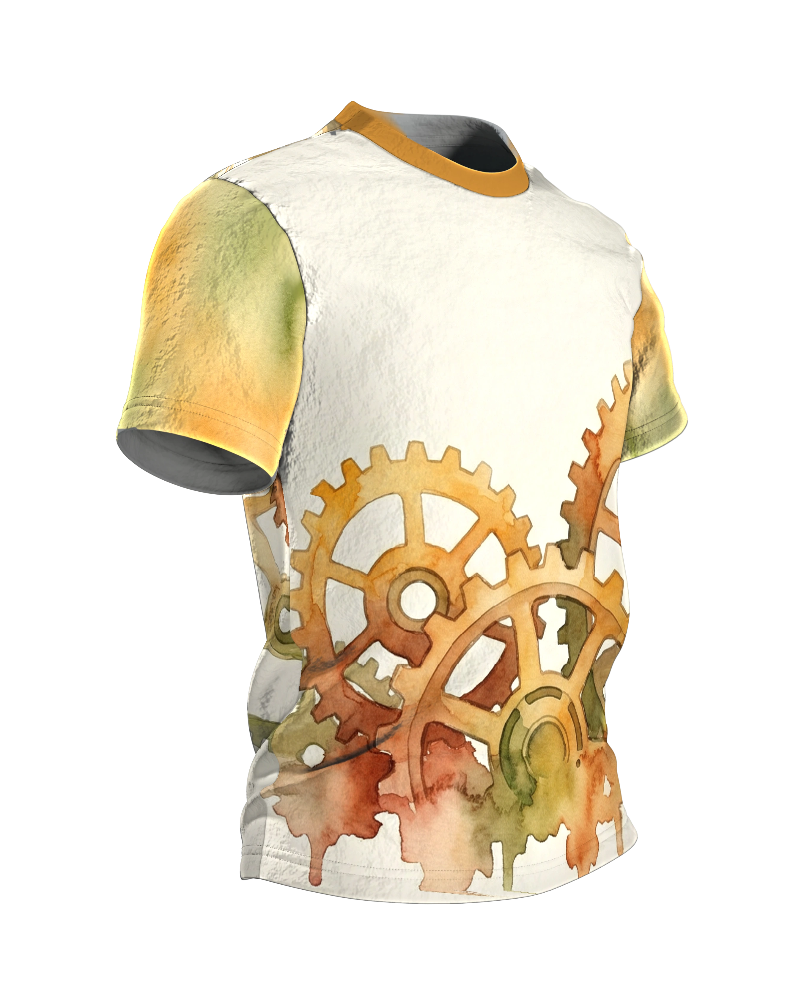 Steampunk Zahnräder T-Shirt, Aquarell-Räderwerk auf Creme, Rücken mit zwei Zifferblättern, Seitenansicht links
