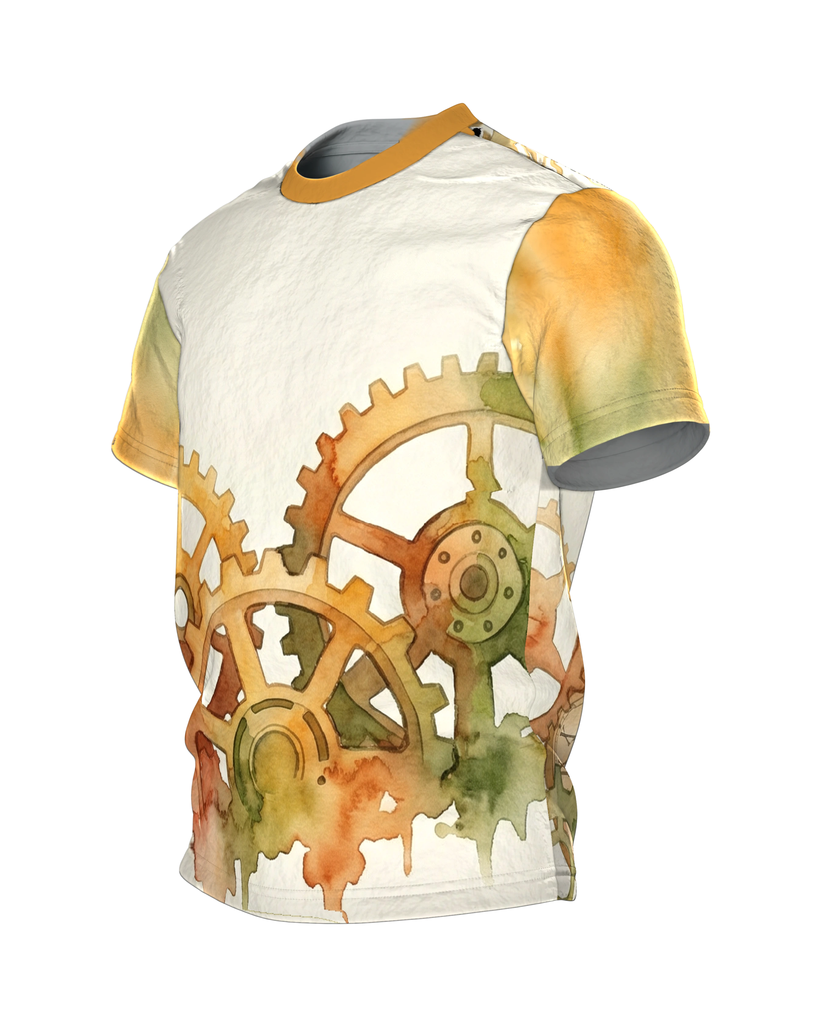 Steampunk Zahnräder T-Shirt, Aquarell-Räderwerk auf Creme, Rücken mit zwei Zifferblättern, Seitenansicht rechts