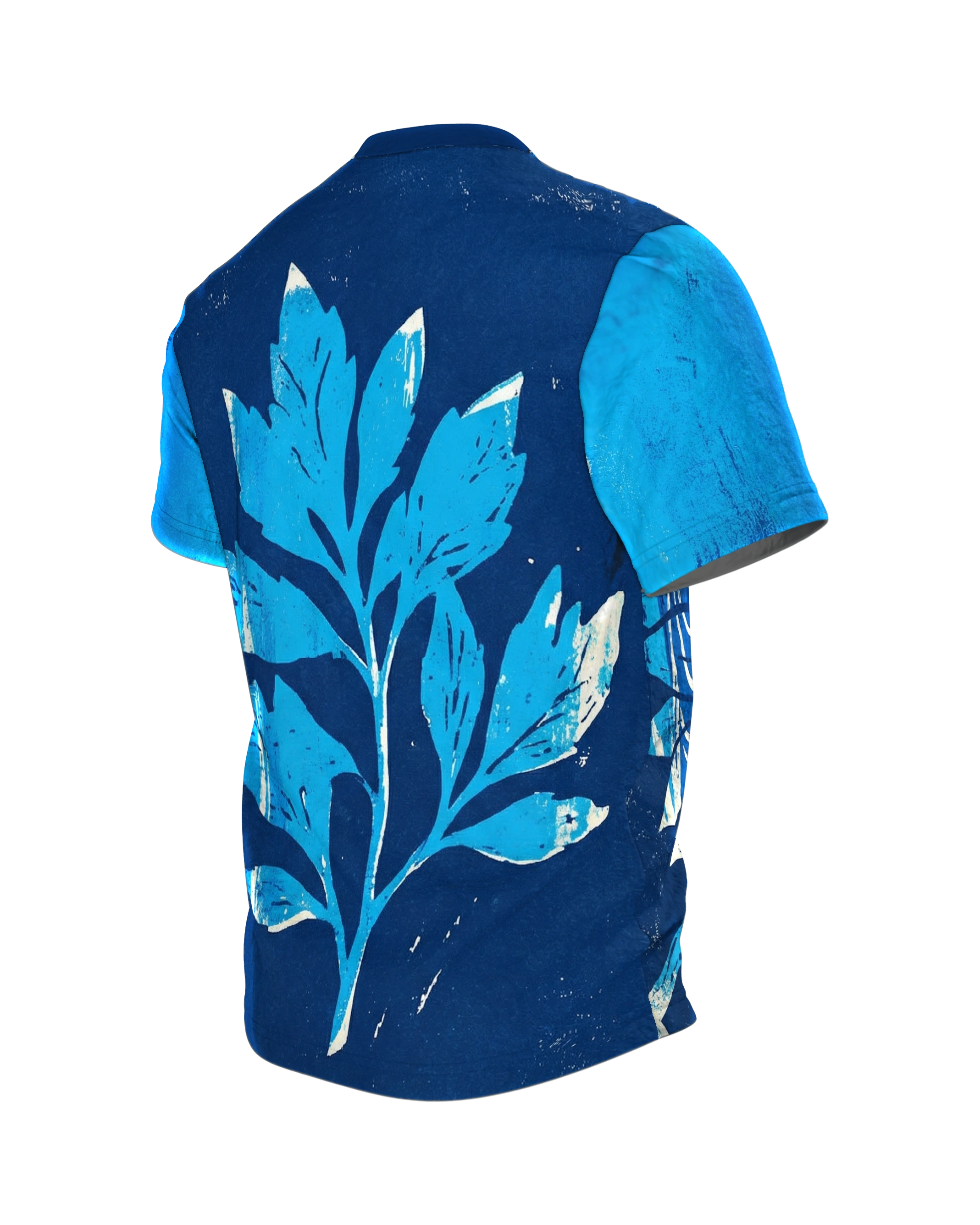 Cyanotypie Sonnenblume T-Shirt: Fotogramm in Blau und Weiß, Rückseite schräg links