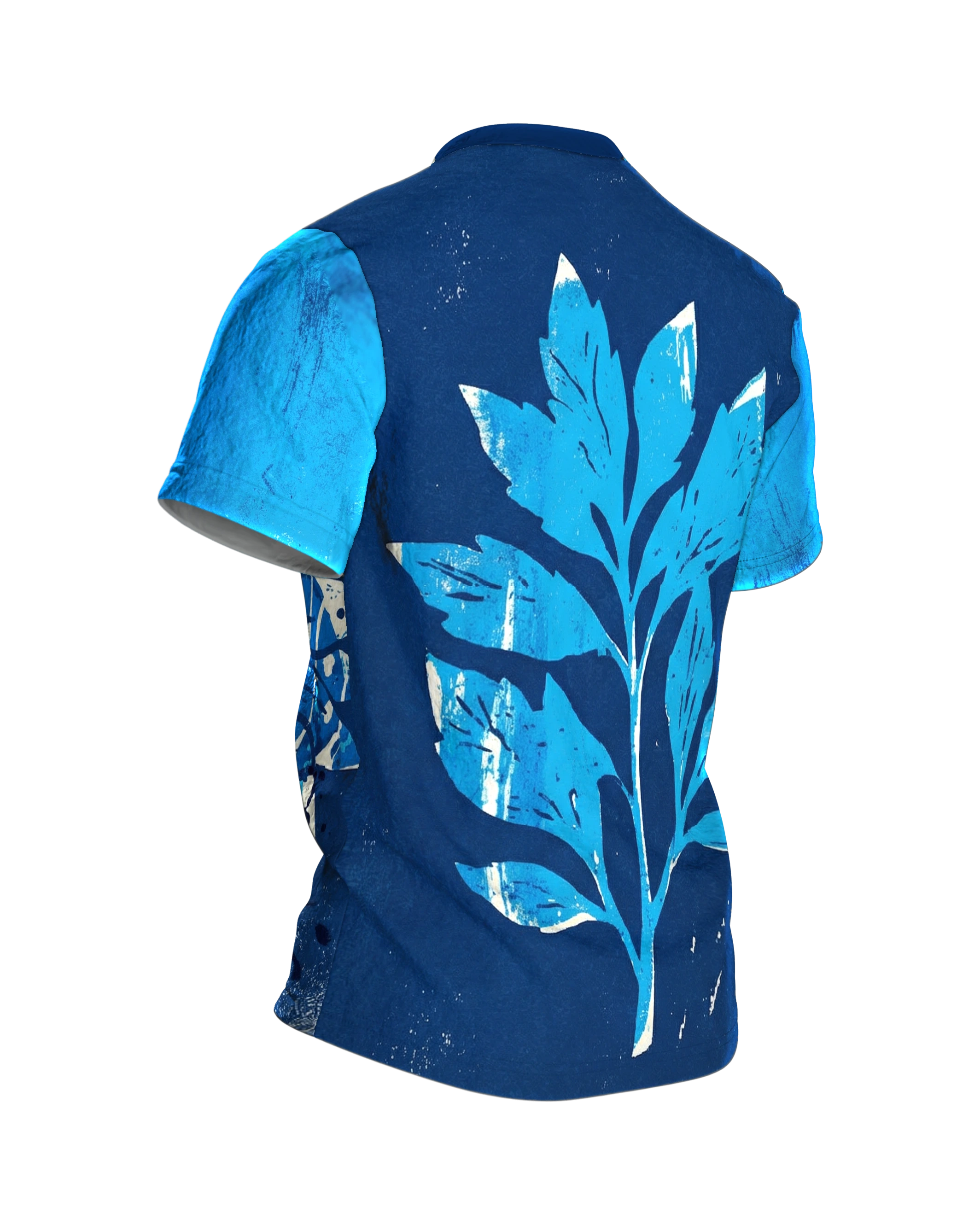 Cyanotypie Sonnenblume T-Shirt: Fotogramm in Blau und Weiß, Rückseite schräg rechts