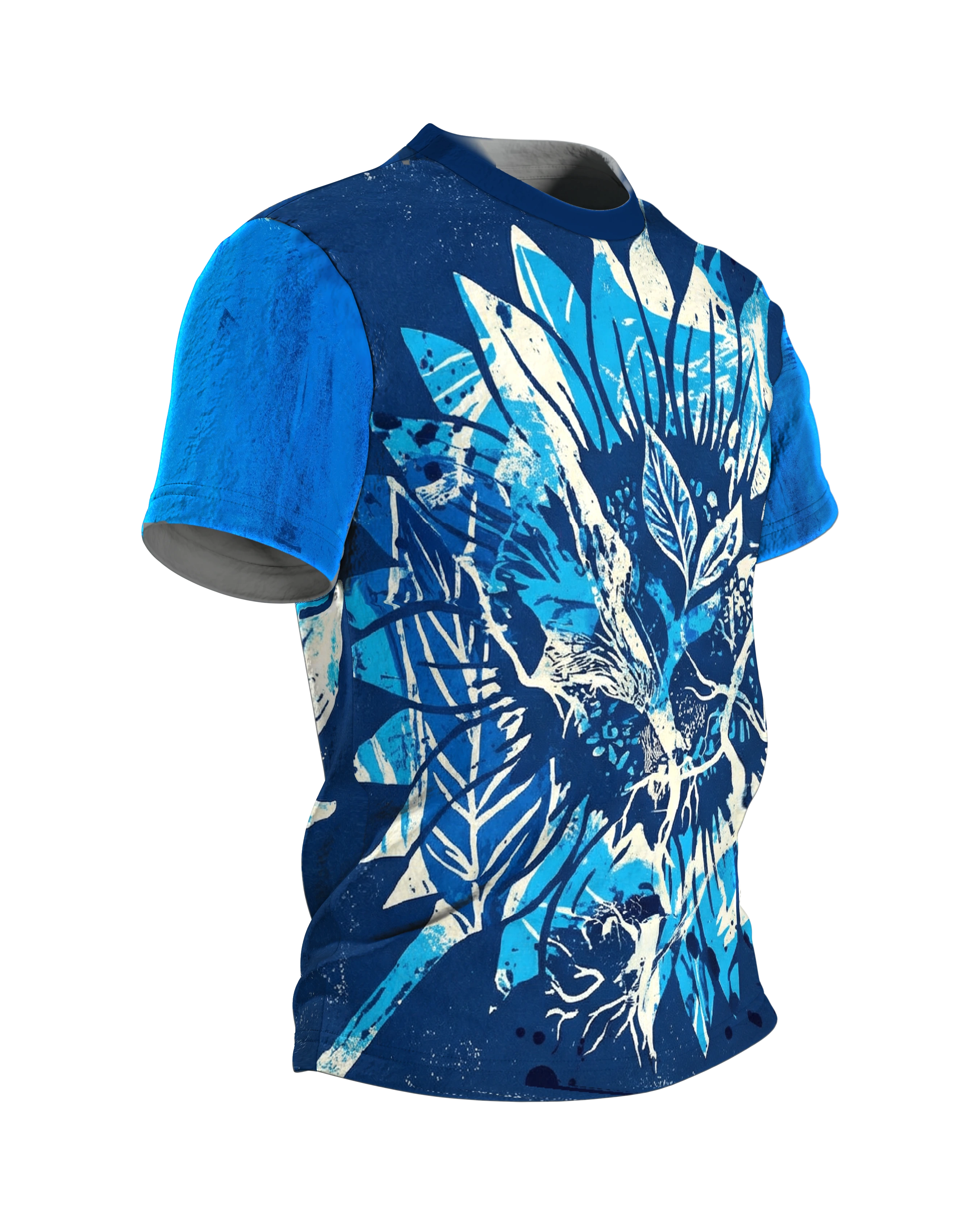Cyanotypie Sonnenblume T-Shirt: Fotogramm in Blau und Weiß, Seitenansicht links