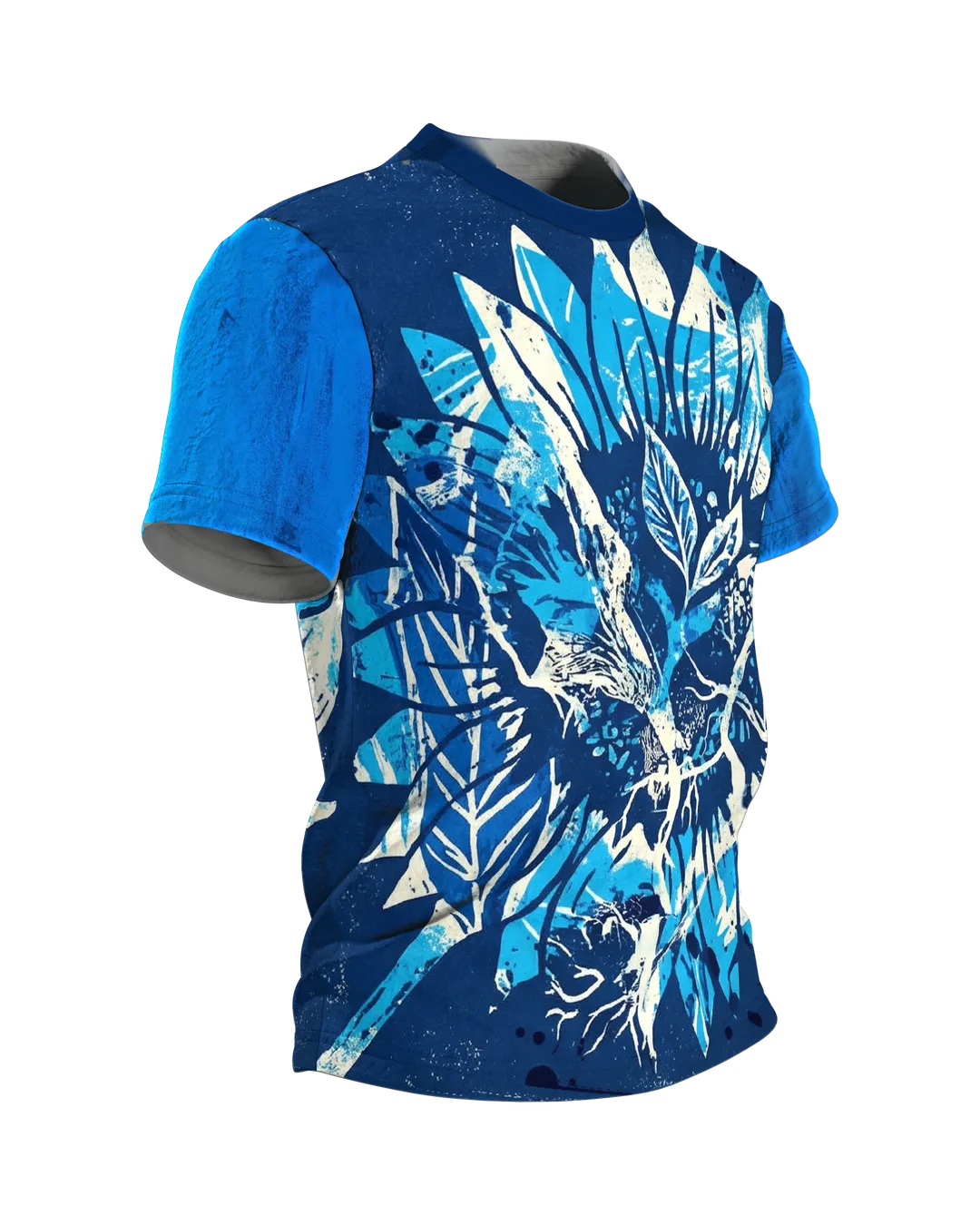 Cyanotypie Sonnenblume T-Shirt: Fotogramm in Blau und Weiß, Seitenansicht links
