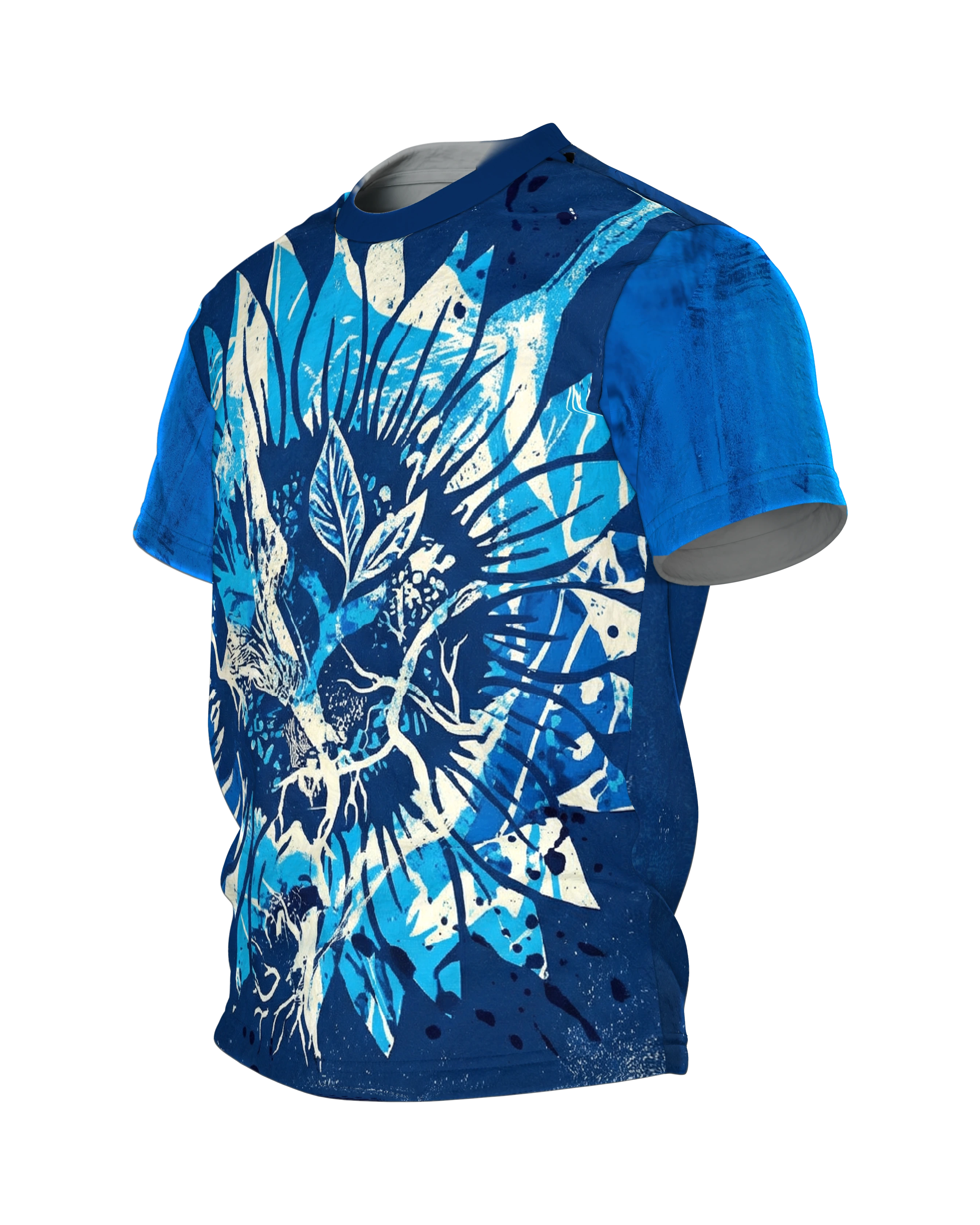 Cyanotypie Sonnenblume T-Shirt: Fotogramm in Blau und Weiß, Seitenansicht rechts
