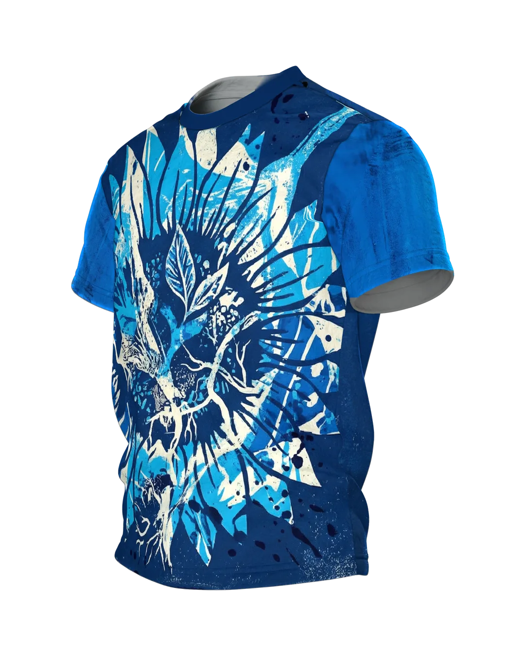 Cyanotypie Sonnenblume T-Shirt: Fotogramm in Blau und Weiß, Seitenansicht rechts