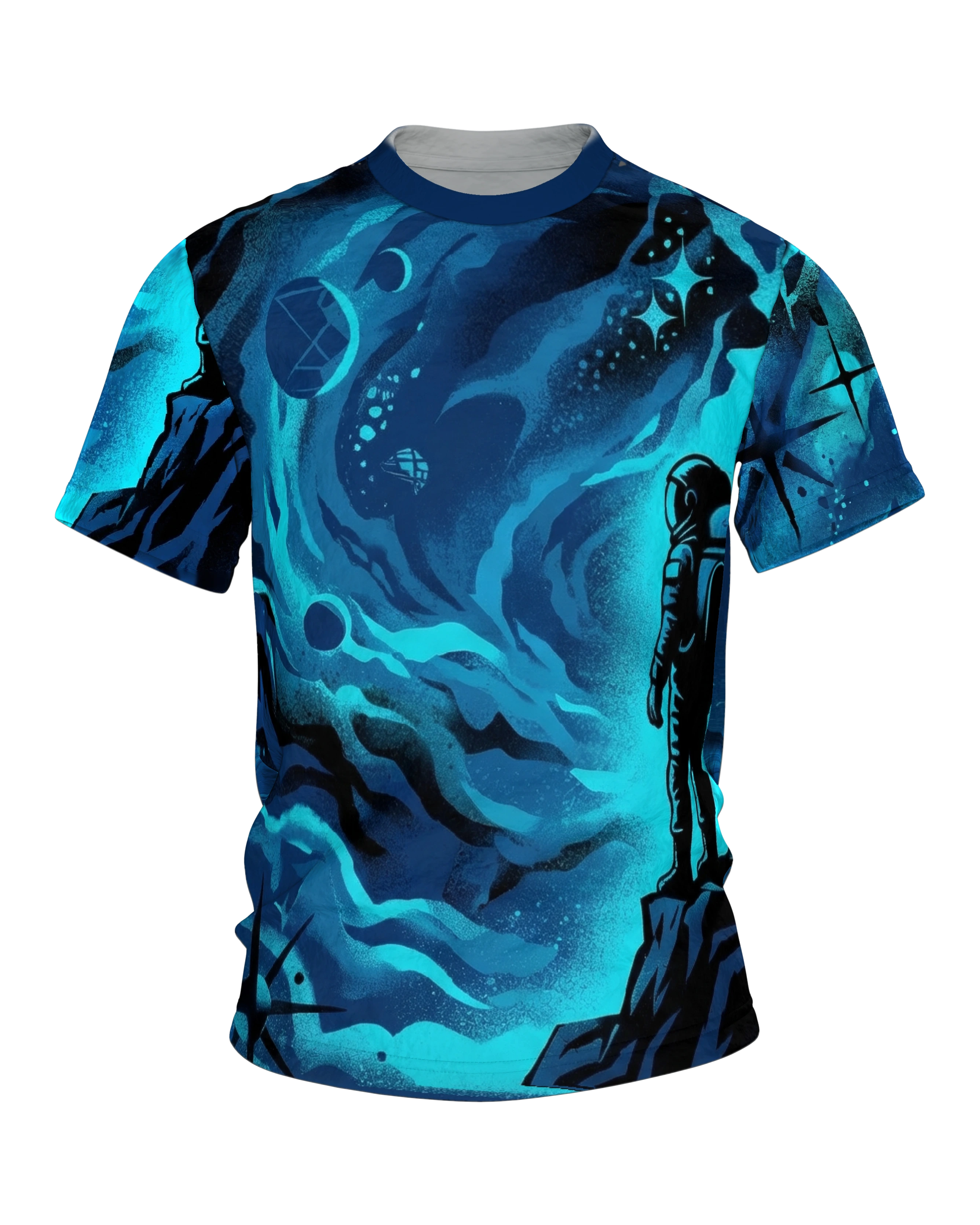 Astronaut Nebel T-Shirt, Raumfahrer auf der Felskante vor gesprühtem Spiralnebel in Marineblau und Türkis