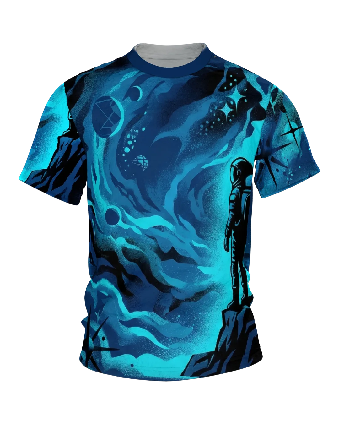Astronaut Nebel T-Shirt, Raumfahrer auf der Felskante vor gesprühtem Spiralnebel in Marineblau und Türkis