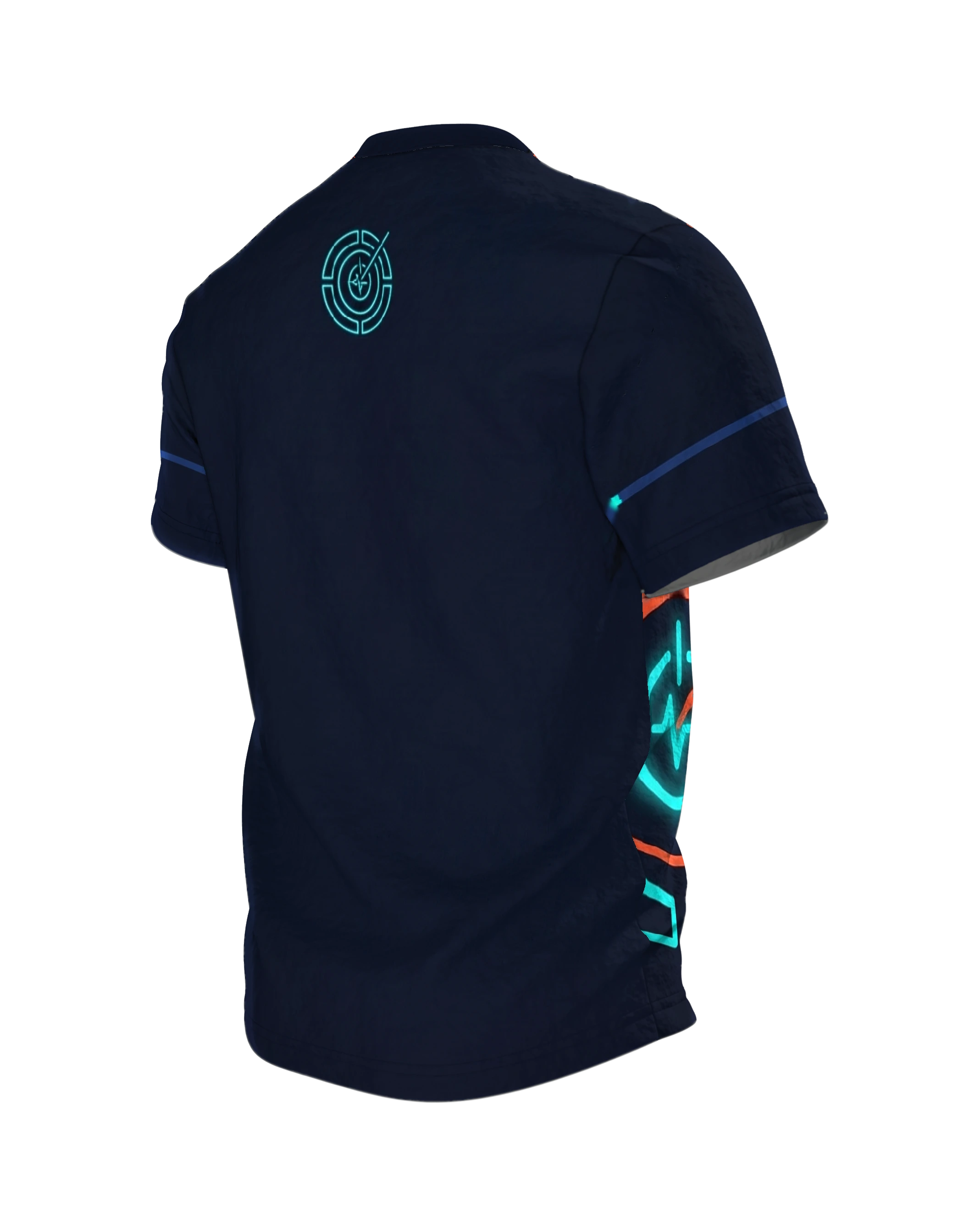 Neon Intervall-Timer T-Shirt, Leuchtring mit Pulslinie unten links, Emblem im Nacken, Rückseite schräg links
