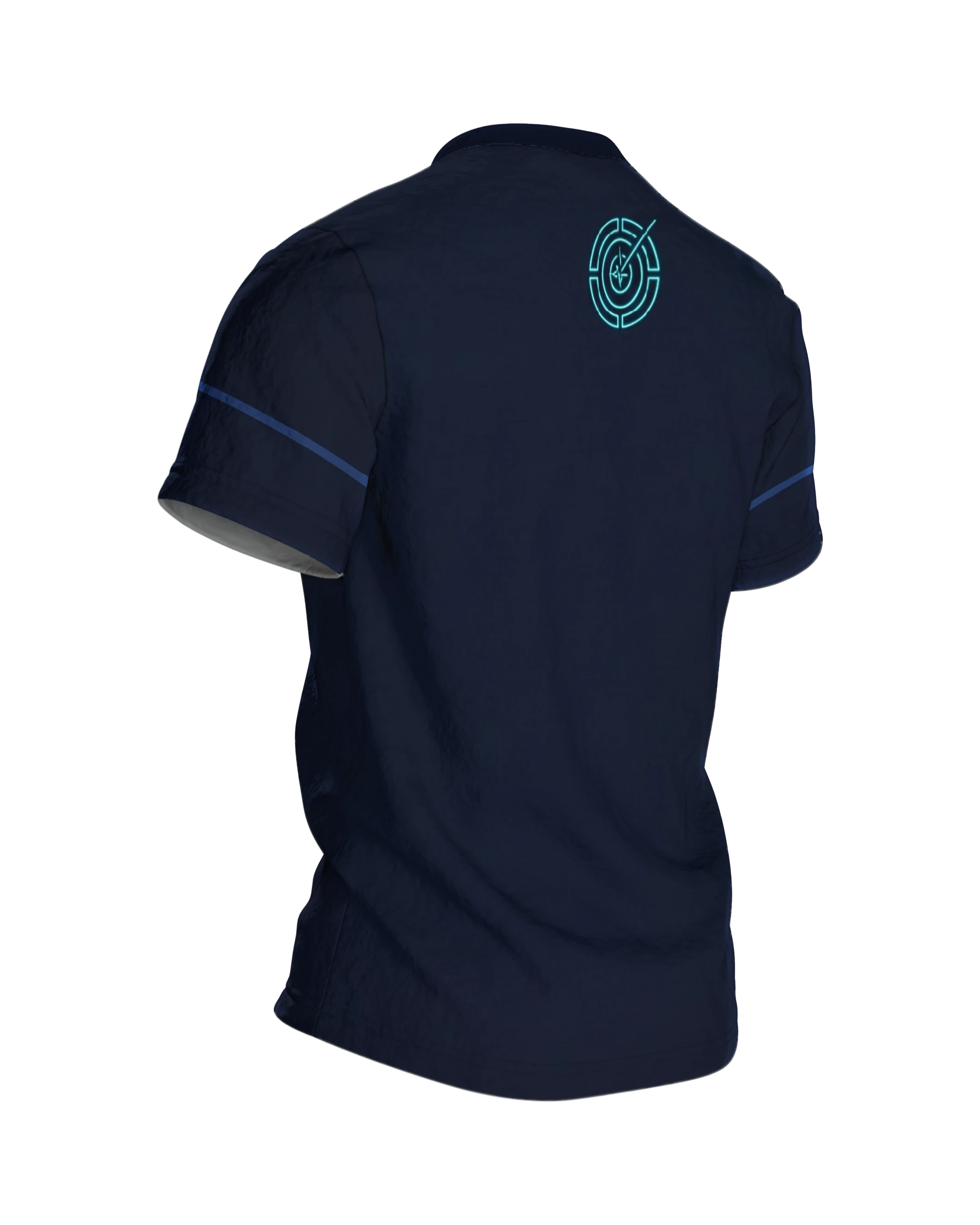 Neon Intervall-Timer T-Shirt, Leuchtring mit Pulslinie unten links, Emblem im Nacken, Rückseite schräg rechts