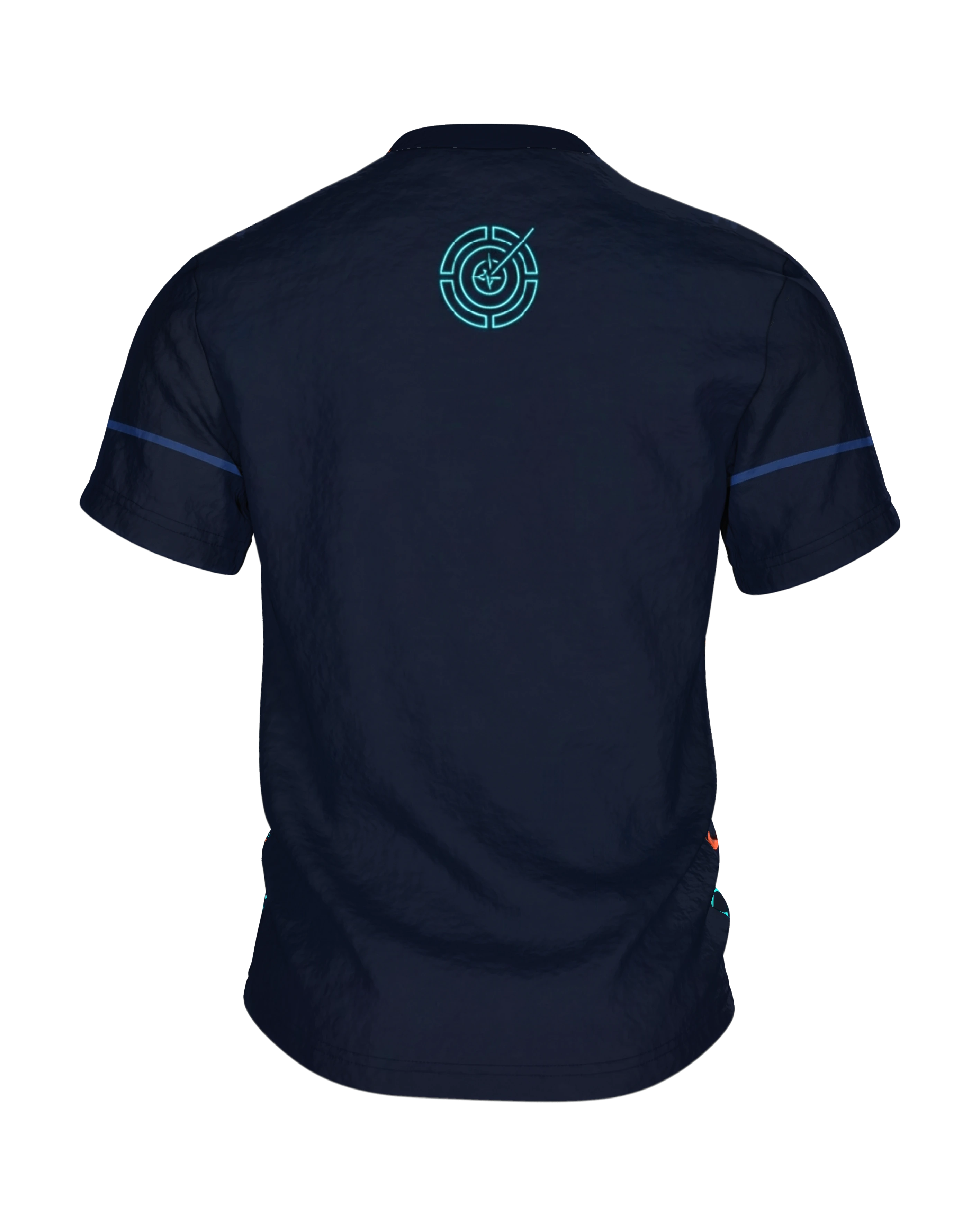 Neon Intervall-Timer T-Shirt, Leuchtring mit Pulslinie unten links, Emblem im Nacken, Rückseite