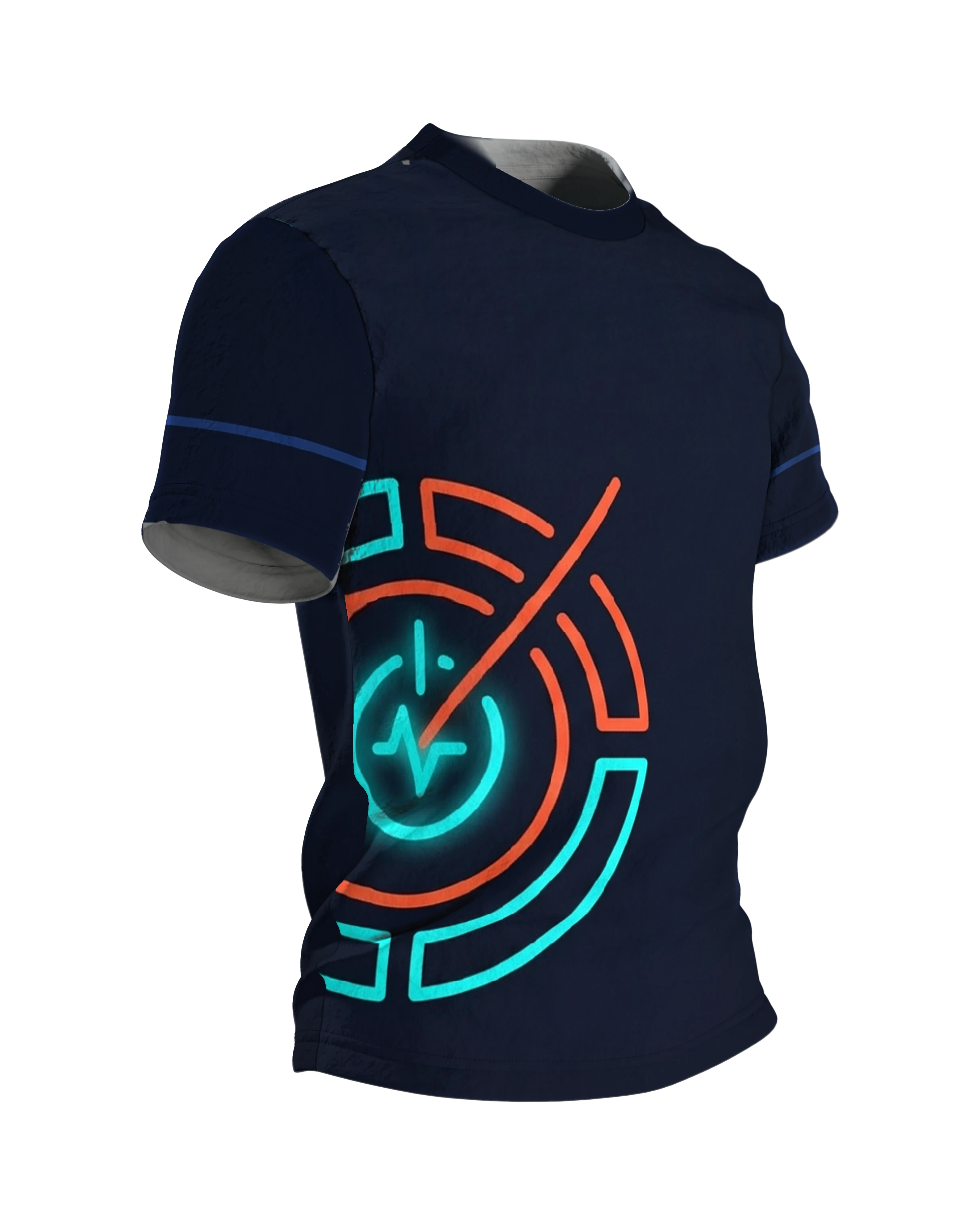 Neon Intervall-Timer T-Shirt, Leuchtring mit Pulslinie unten links, Emblem im Nacken, Seitenansicht links