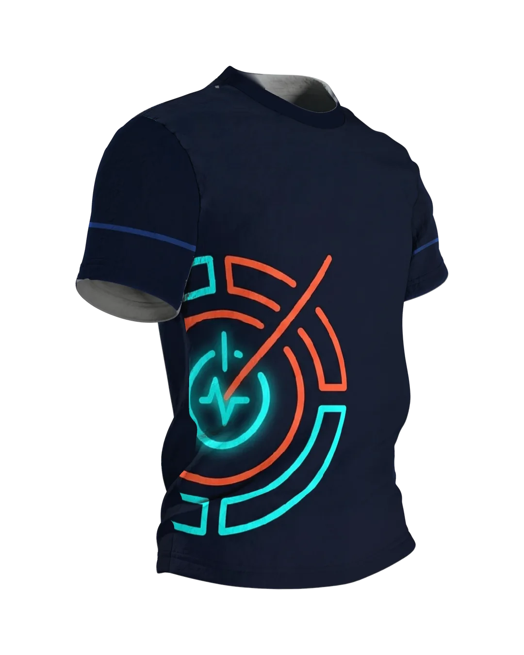 Neon Intervall-Timer T-Shirt, Leuchtring mit Pulslinie unten links, Emblem im Nacken, Seitenansicht links