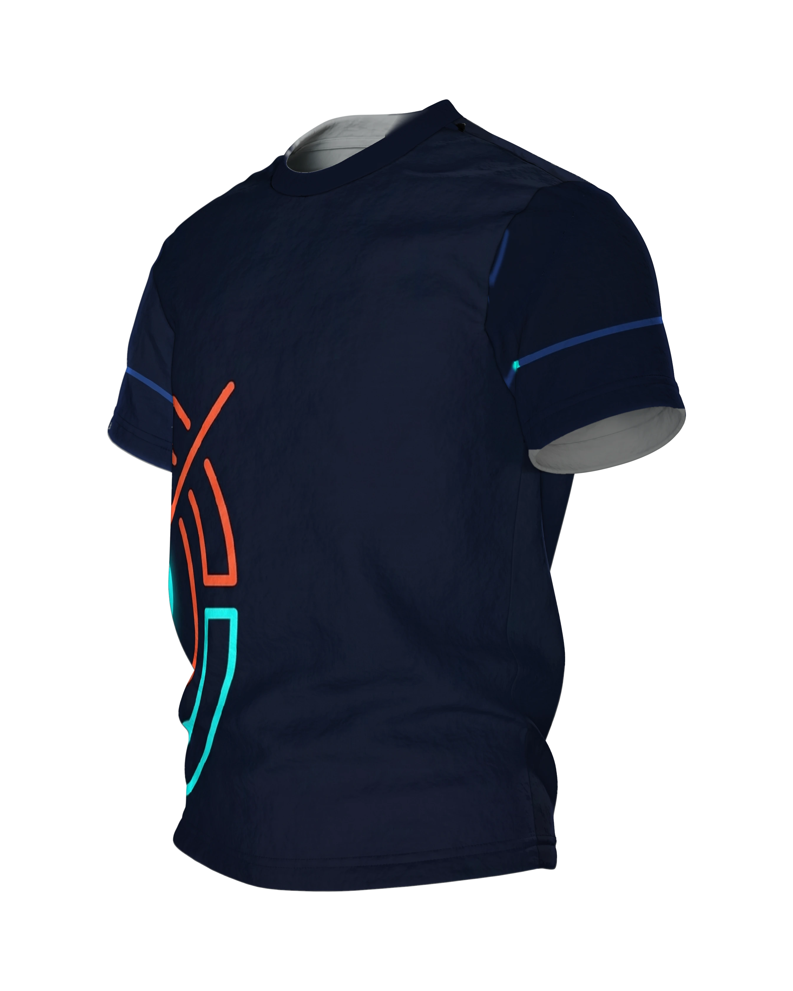 Neon Intervall-Timer T-Shirt, Leuchtring mit Pulslinie unten links, Emblem im Nacken, Seitenansicht rechts