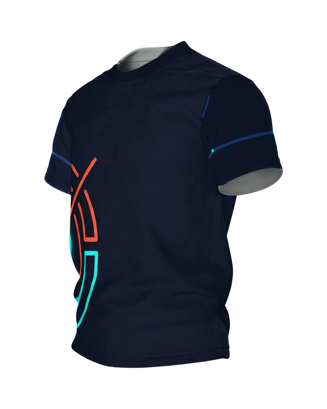 Neon Intervall-Timer T-Shirt, Leuchtring mit Pulslinie unten links, Emblem im Nacken, Seitenansicht rechts