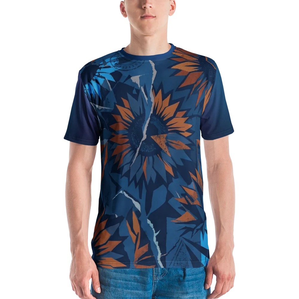 Abstrakte Sonnenblume T-Shirt: Papier-Collage in Blau und Orange