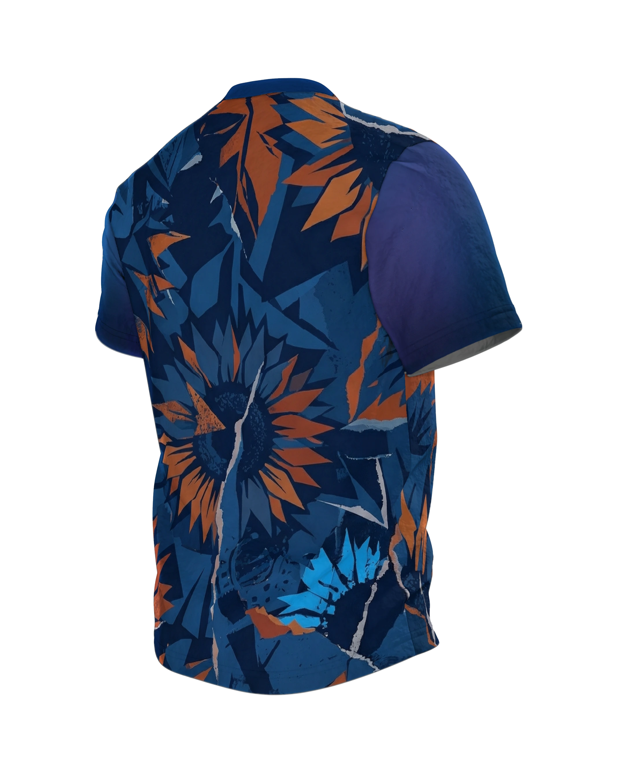 Abstrakte Sonnenblume T-Shirt: Papier-Collage in Blau und Orange, Rückseite schräg links