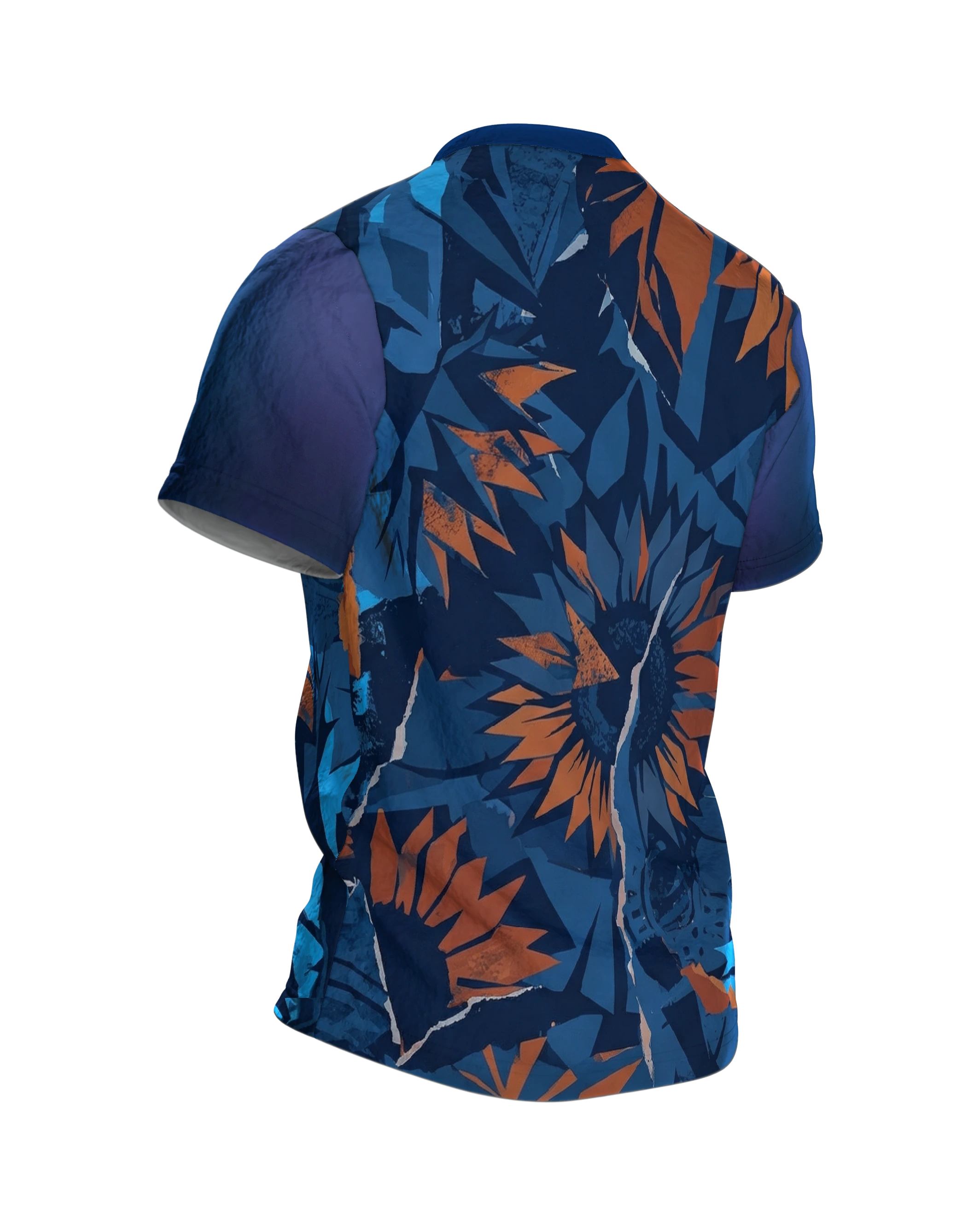 Abstrakte Sonnenblume T-Shirt: Papier-Collage in Blau und Orange, Rückseite schräg rechts