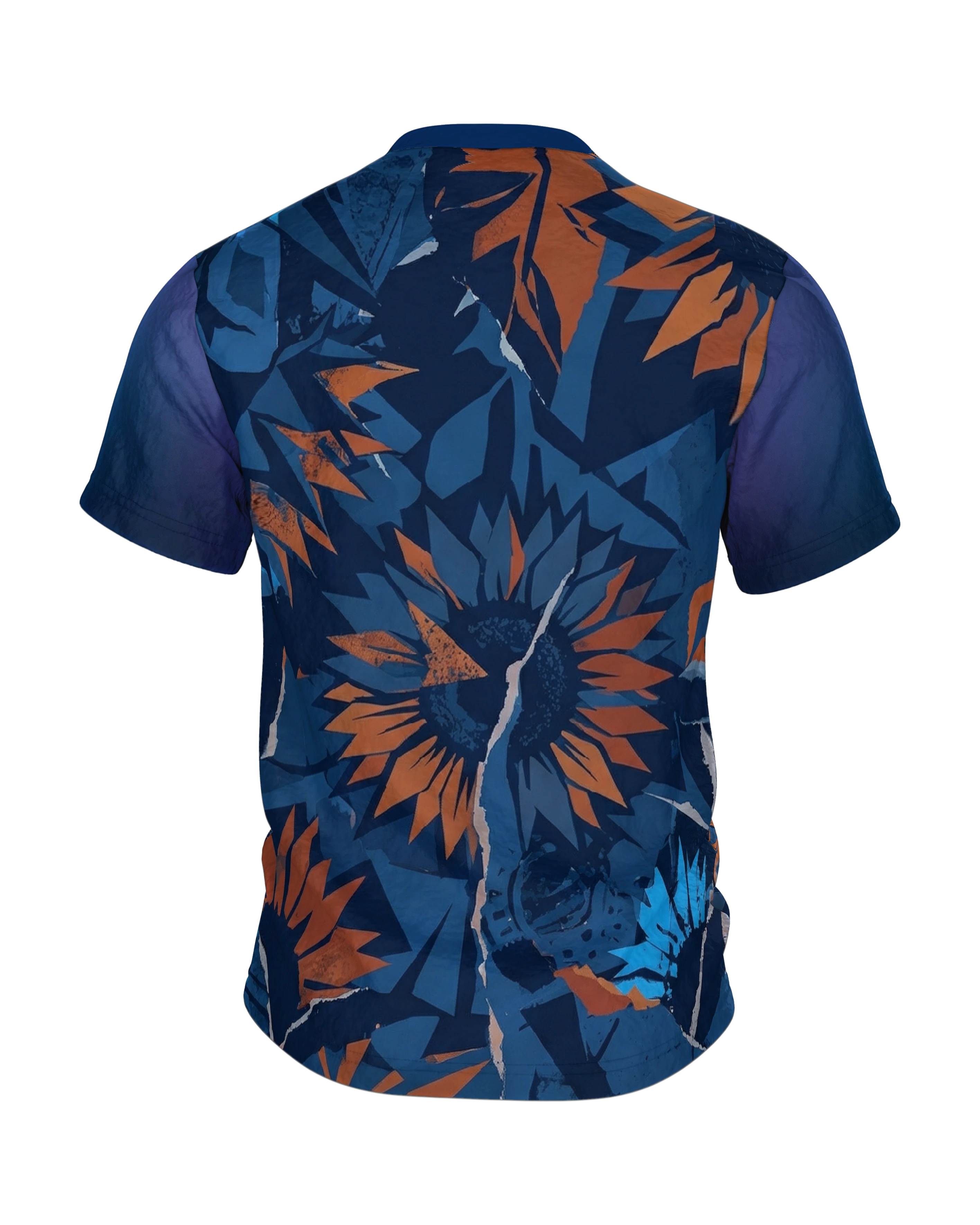 Abstrakte Sonnenblume T-Shirt: Papier-Collage in Blau und Orange, Rückseite