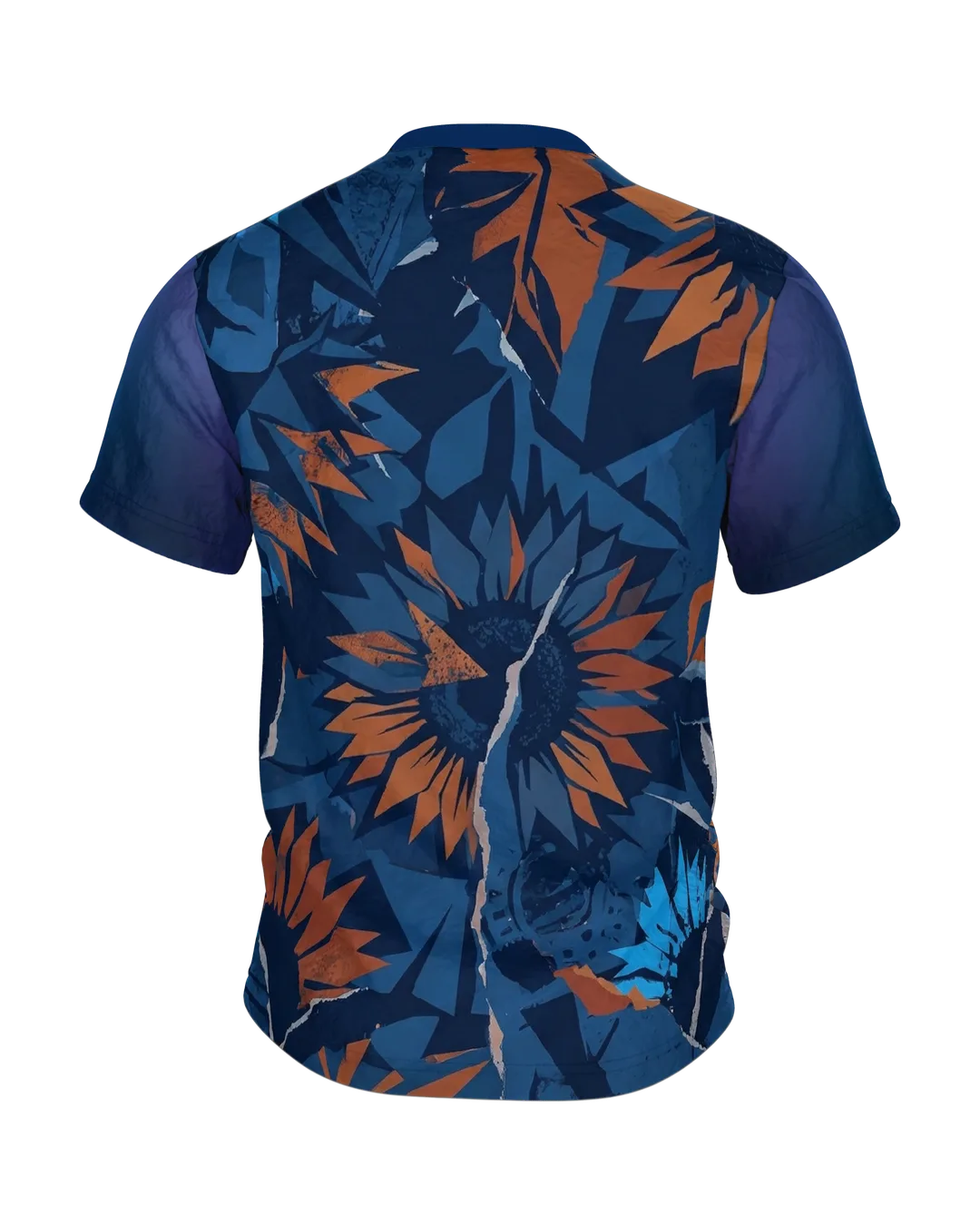 Abstrakte Sonnenblume T-Shirt: Papier-Collage in Blau und Orange, Rückseite