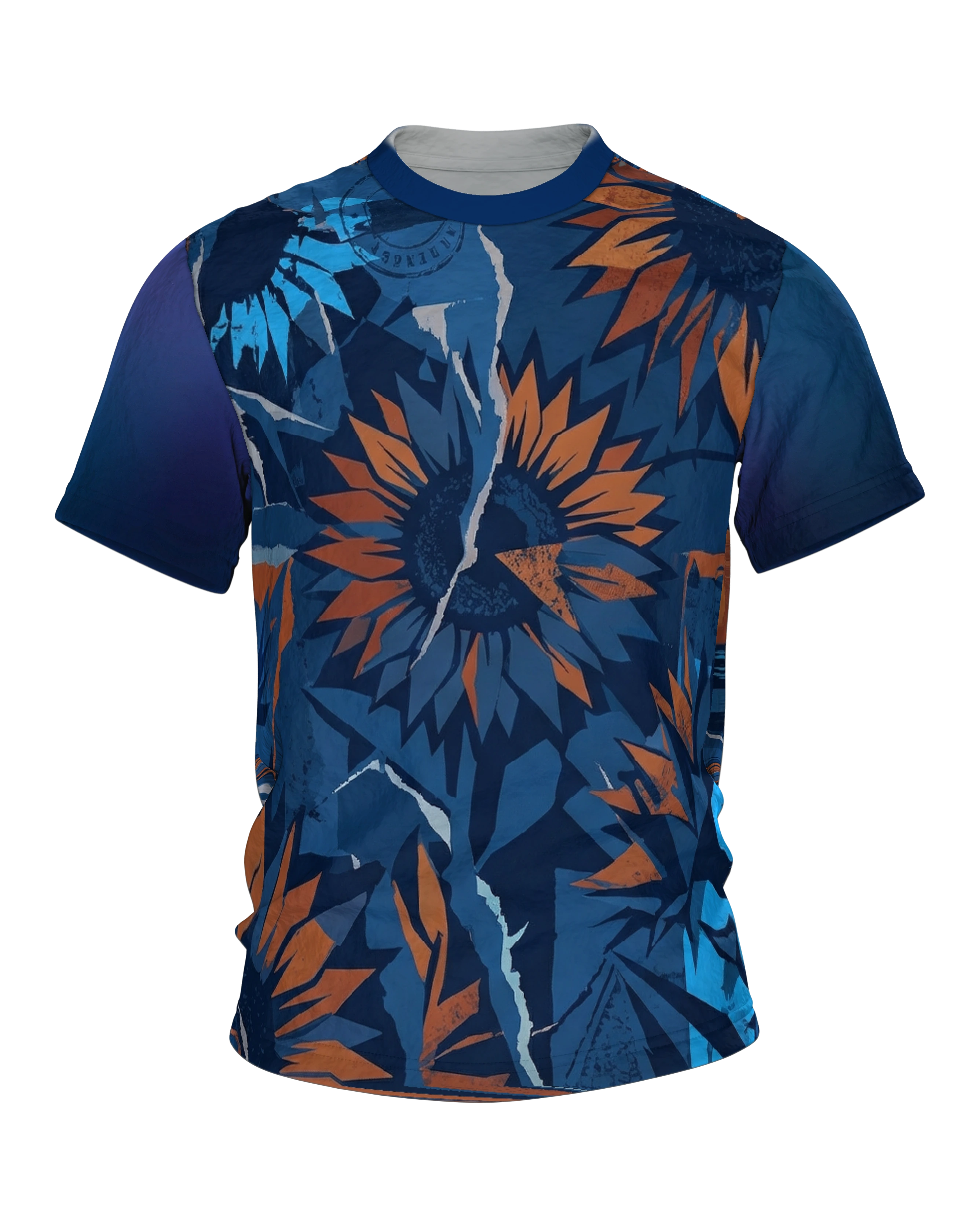 Abstrakte Sonnenblume T-Shirt: Papier-Collage in Blau und Orange