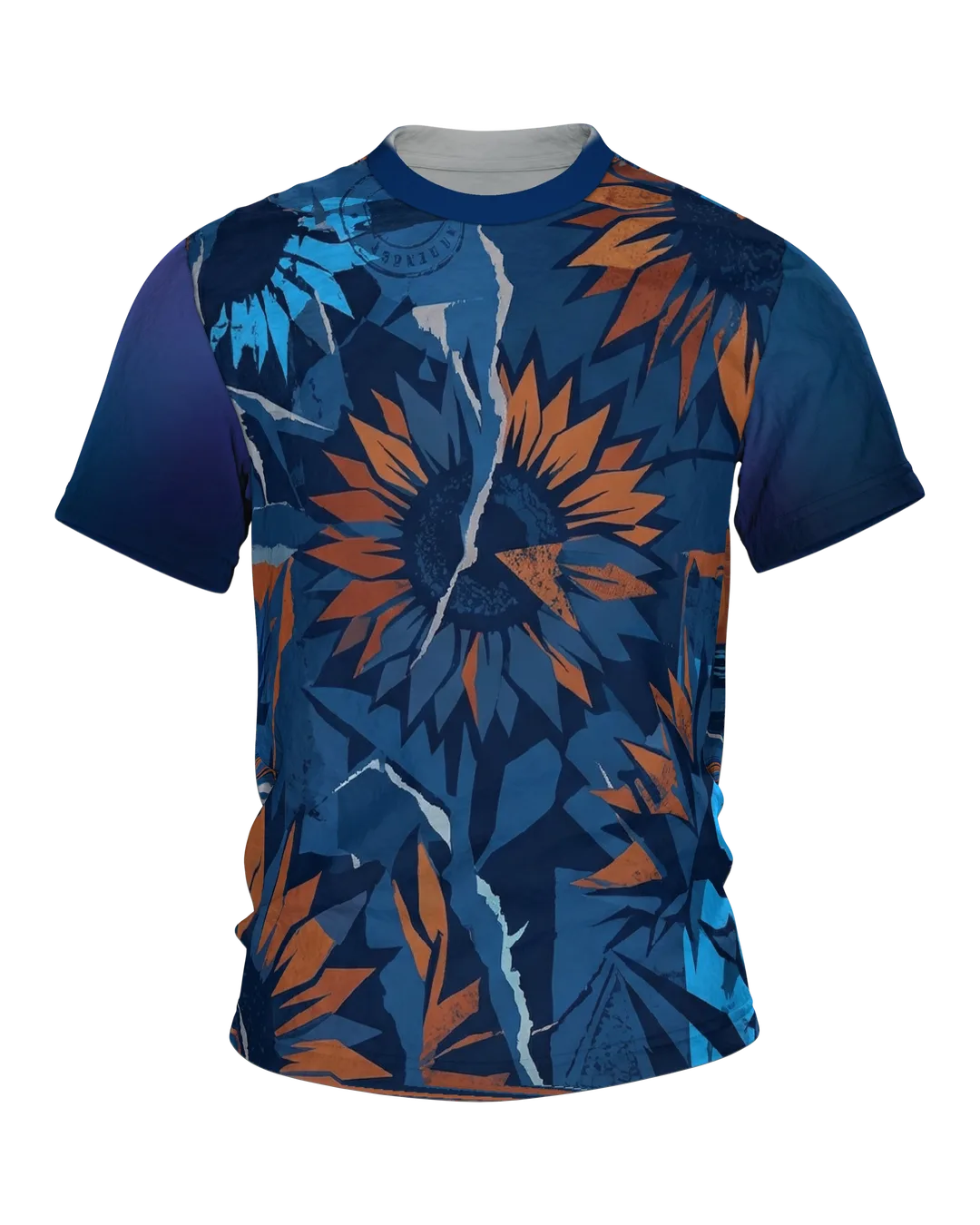 Abstrakte Sonnenblume T-Shirt: Papier-Collage in Blau und Orange