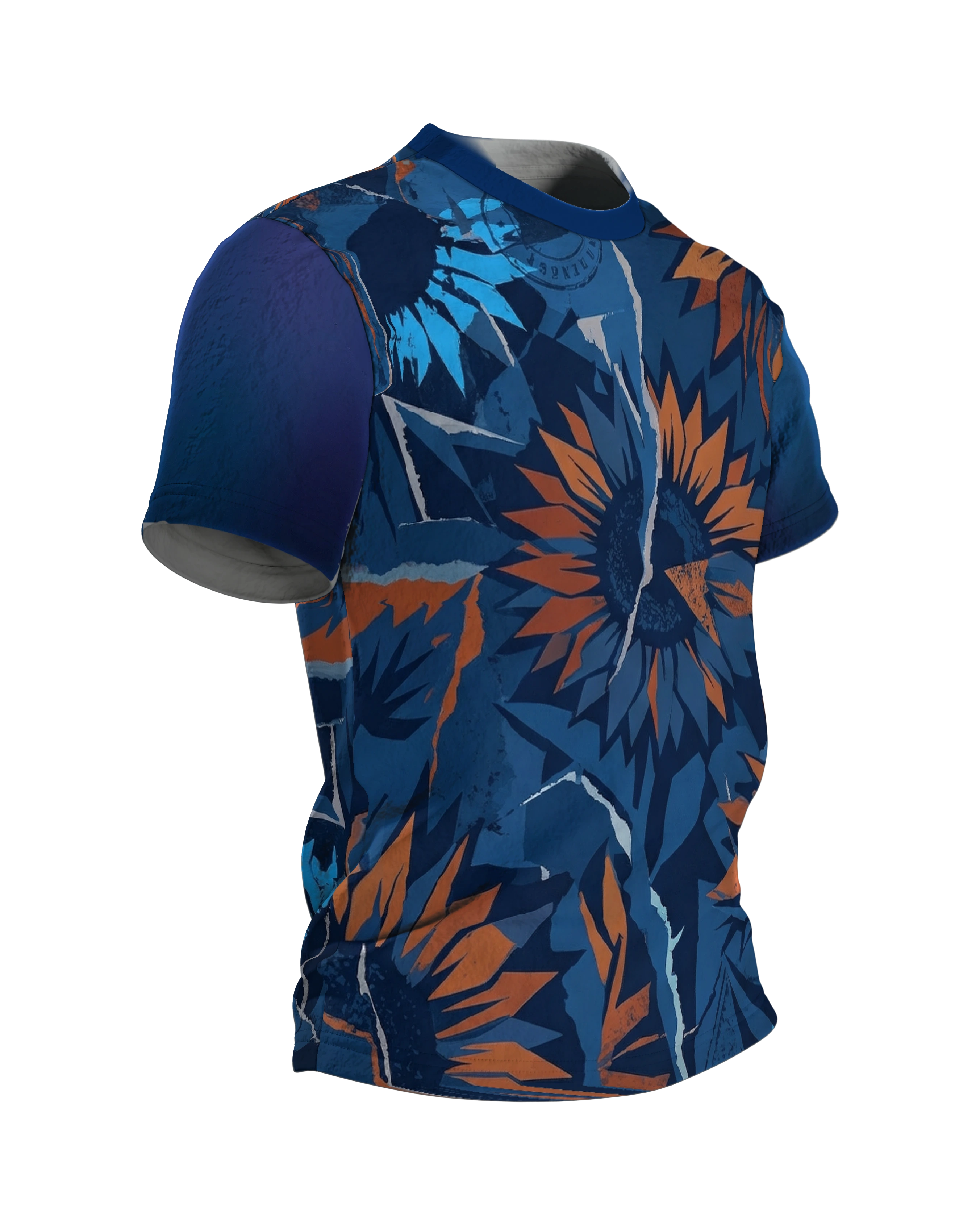 Abstrakte Sonnenblume T-Shirt: Papier-Collage in Blau und Orange, Seitenansicht links