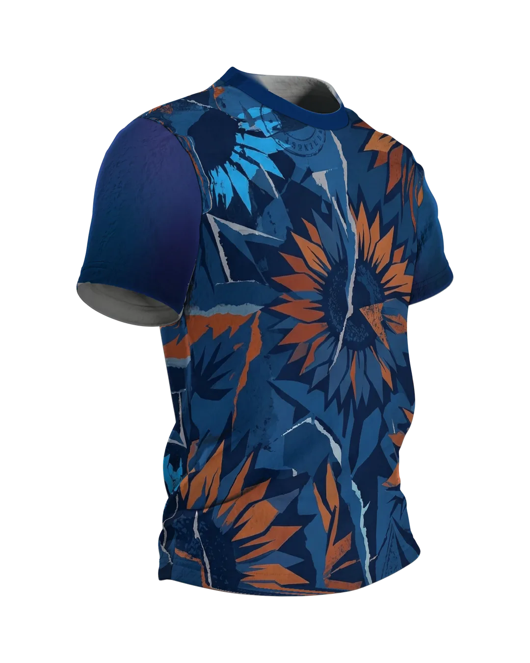 Abstrakte Sonnenblume T-Shirt: Papier-Collage in Blau und Orange, Seitenansicht links