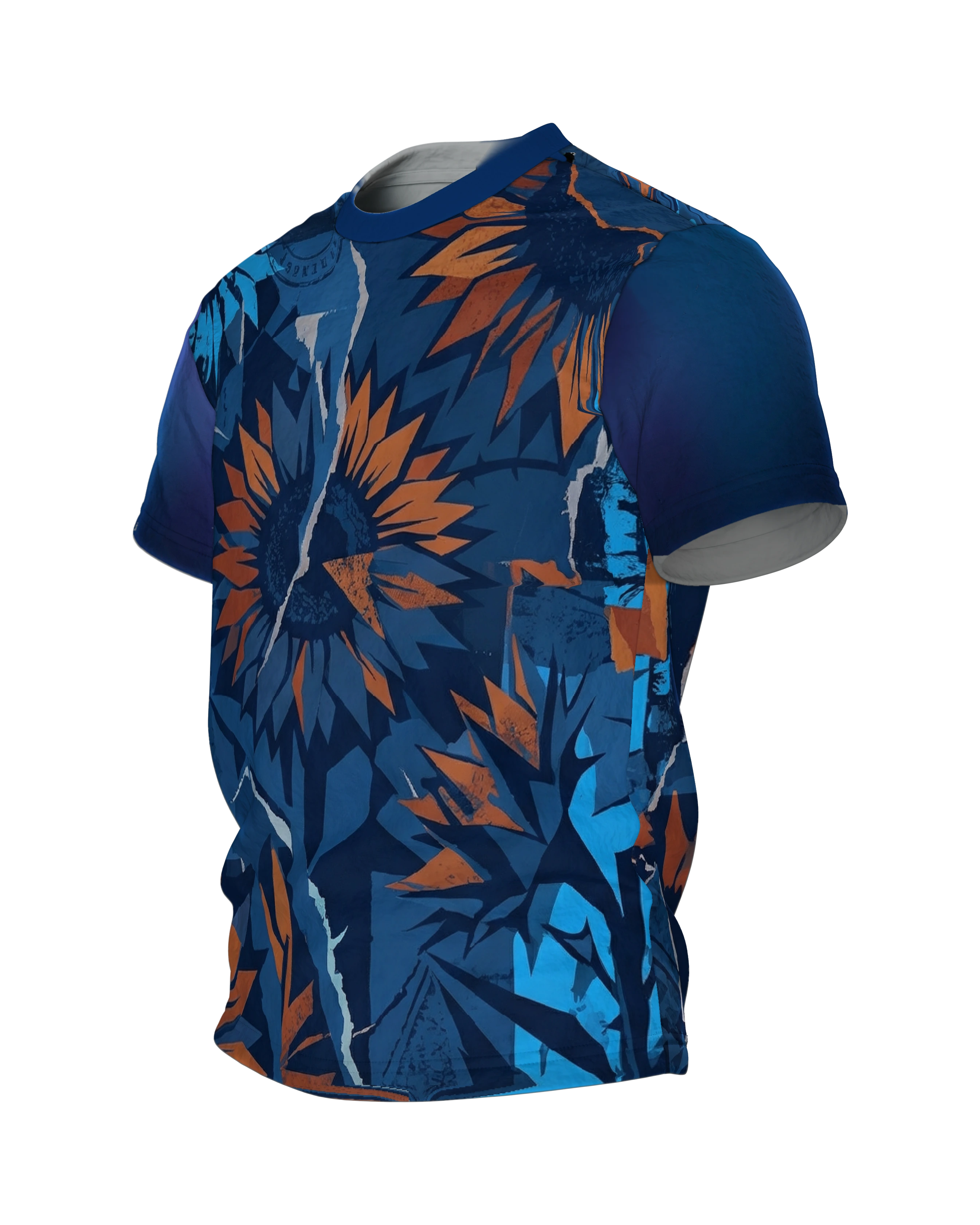Abstrakte Sonnenblume T-Shirt: Papier-Collage in Blau und Orange, Seitenansicht rechts