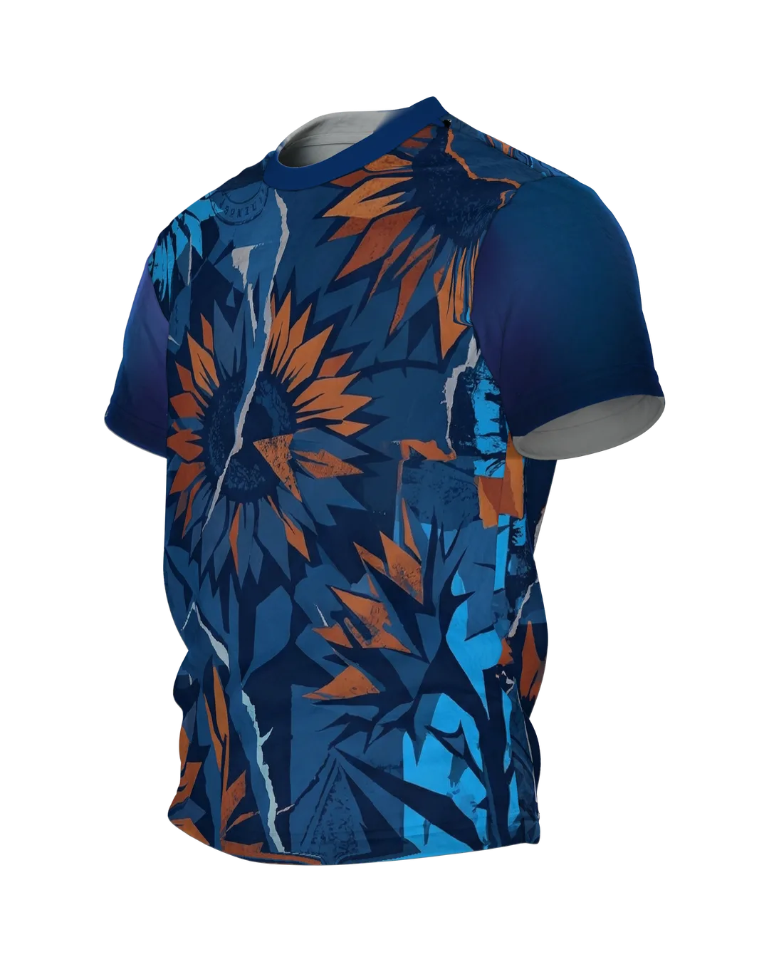 Abstrakte Sonnenblume T-Shirt: Papier-Collage in Blau und Orange, Seitenansicht rechts
