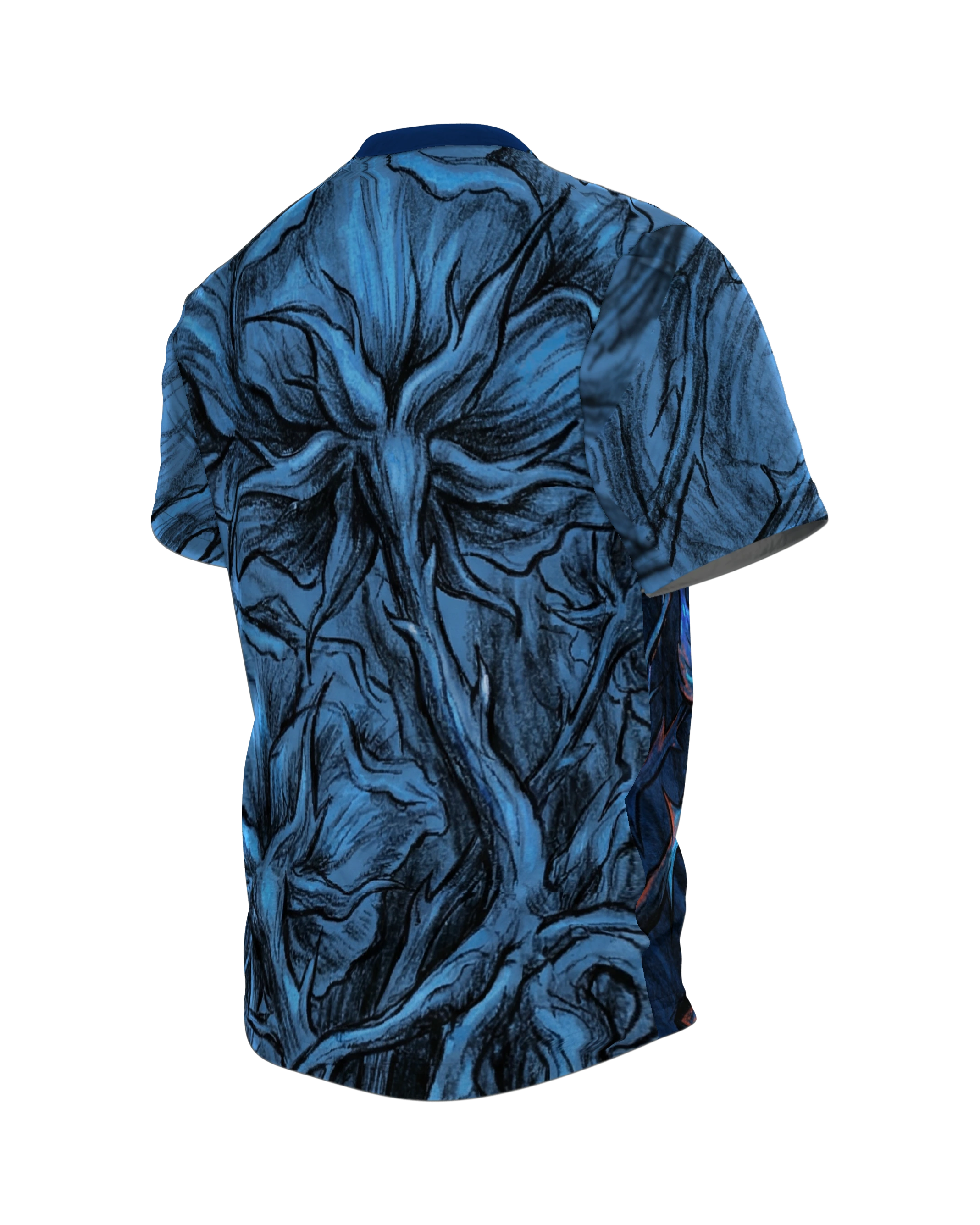 Rosen Dornen T-Shirt, Kreidezeichnung mit Indigo-Blüten und Blick von unten am Rücken, Rückseite schräg links