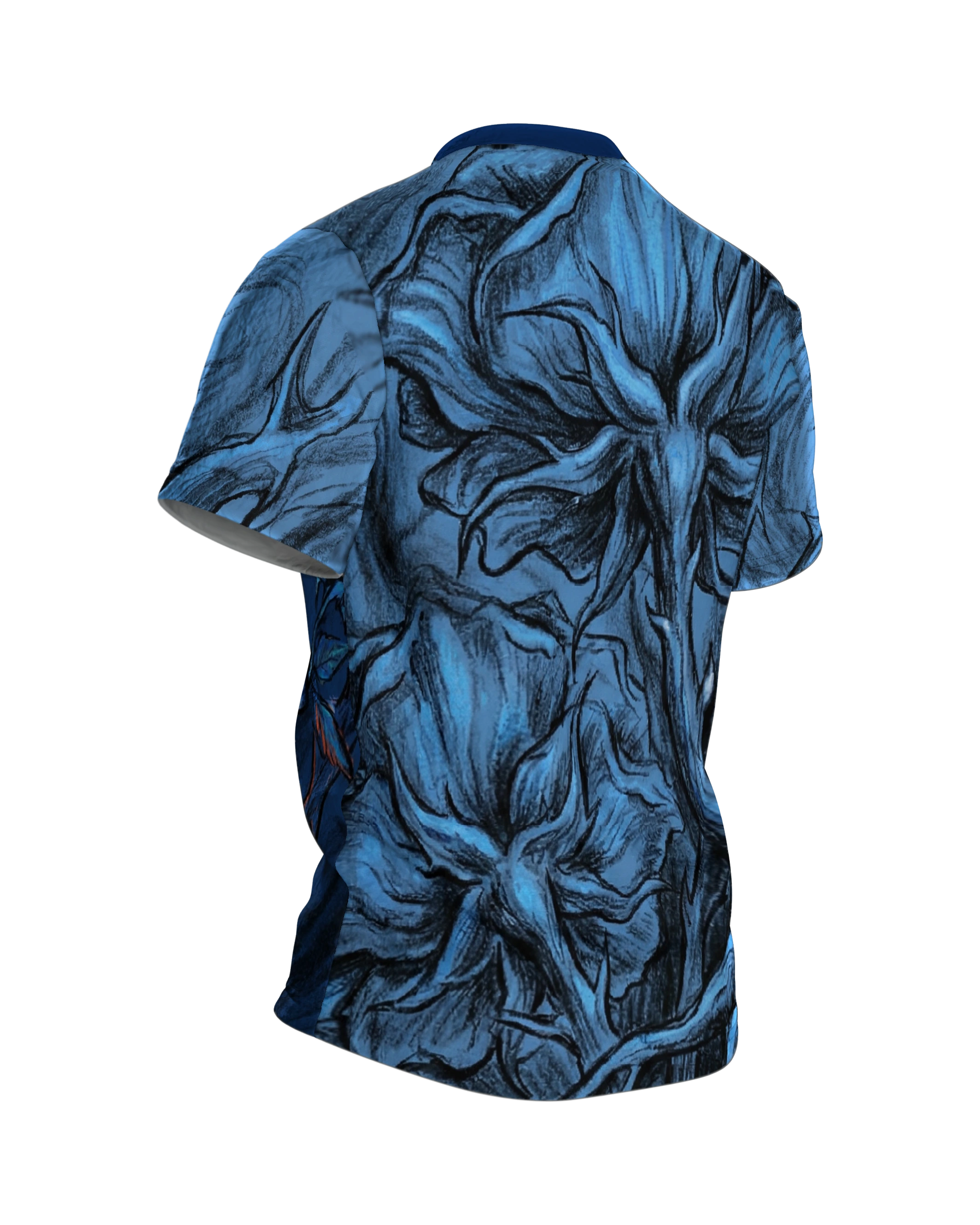 Rosen Dornen T-Shirt, Kreidezeichnung mit Indigo-Blüten und Blick von unten am Rücken, Rückseite schräg rechts
