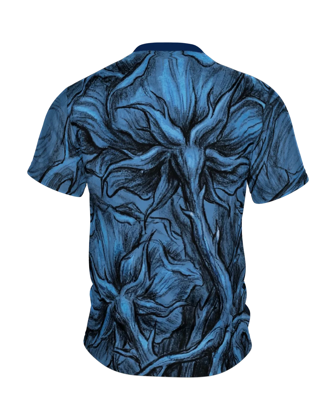 Rosen Dornen T-Shirt, Kreidezeichnung mit Indigo-Blüten und Blick von unten am Rücken, Rückseite
