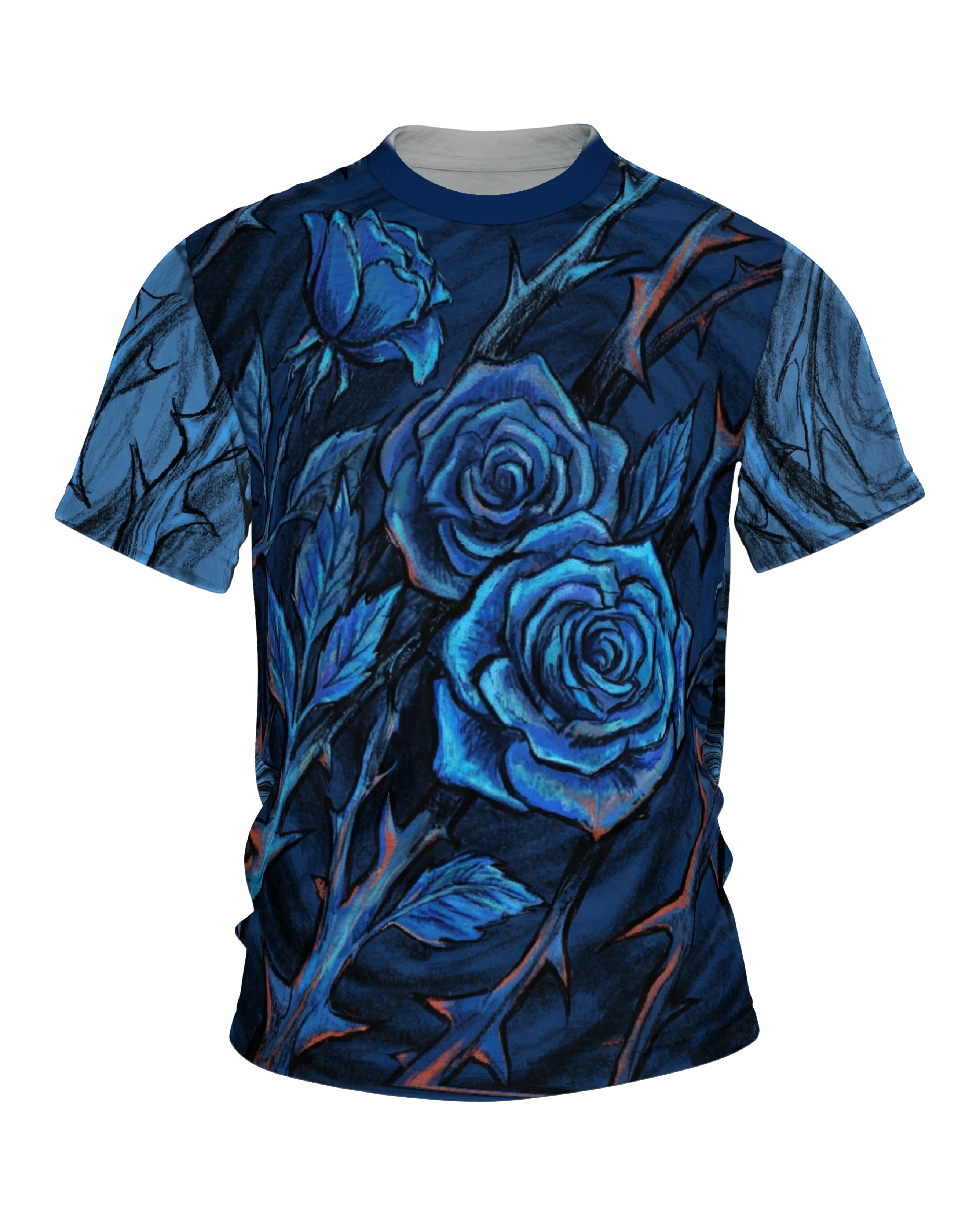 Rosen Dornen T-Shirt, Kreidezeichnung mit Indigo-Blüten und Blick von unten am Rücken